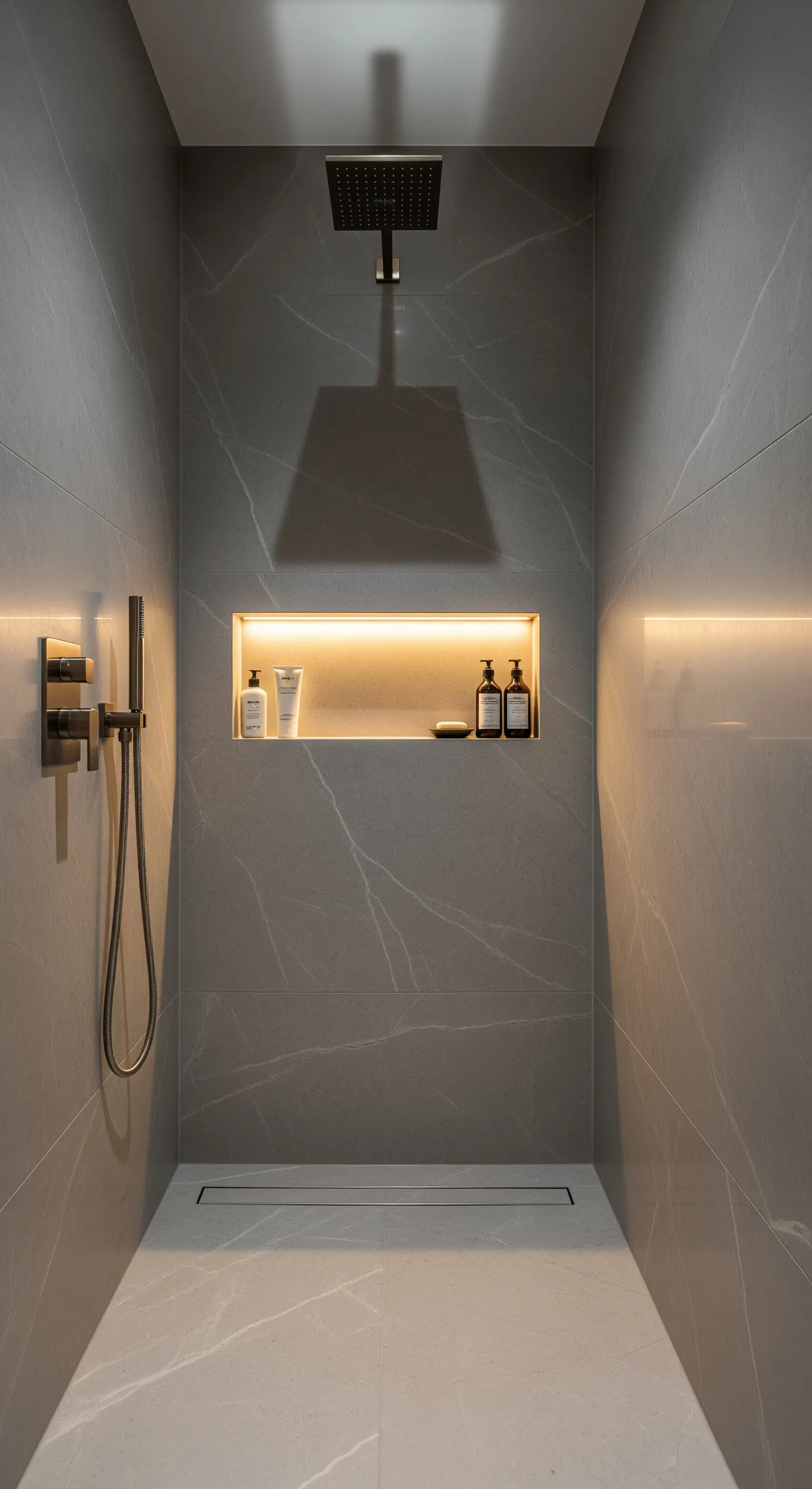 Minimalistische, graue Dusche mit einer horizontalen, warm beleuchteten Nische für Pflegeprodukte.