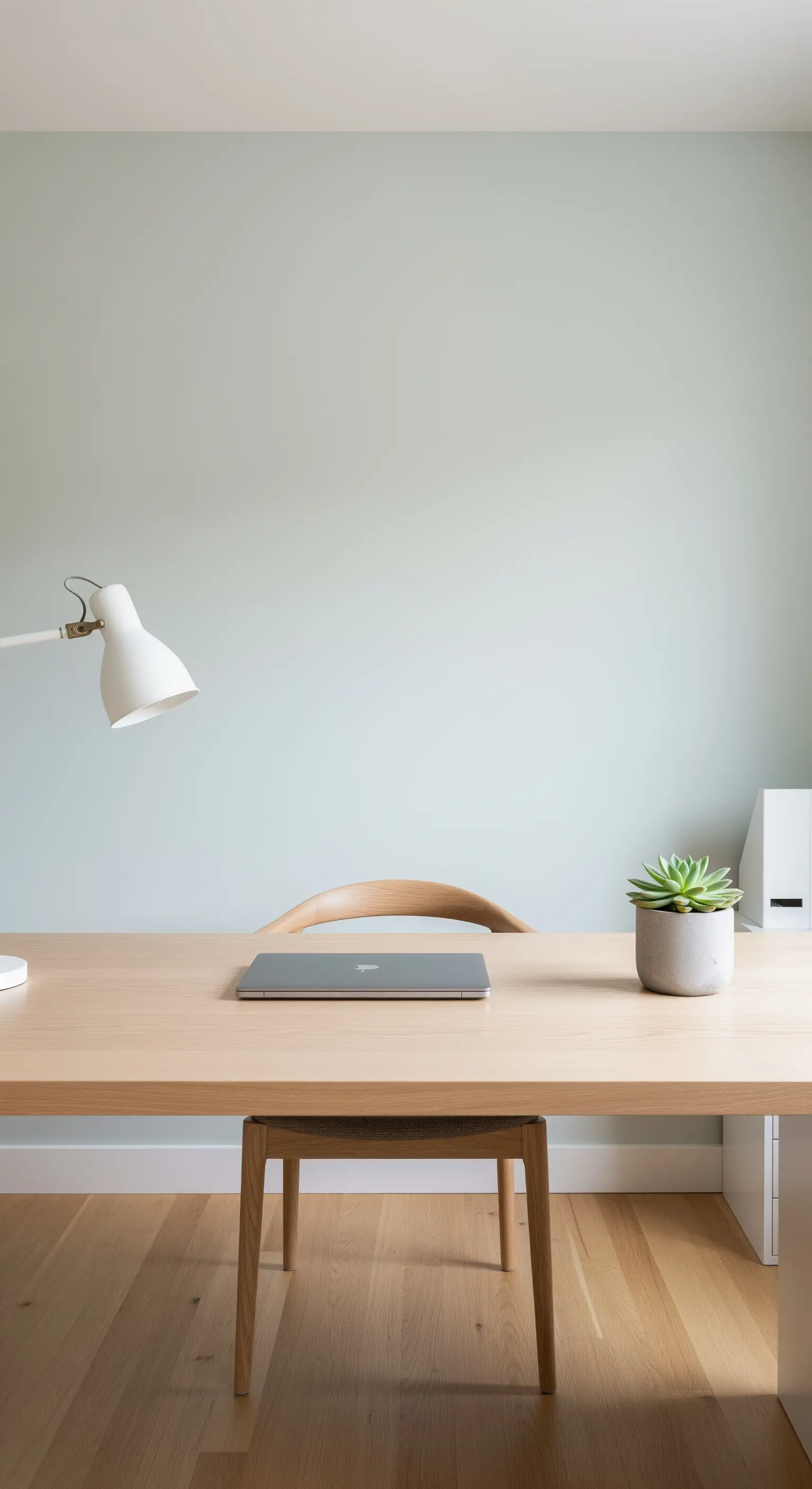 Ein aufgeräumter Schreibtisch mit Laptop und Pflanze für einen klaren Start in den Tag.