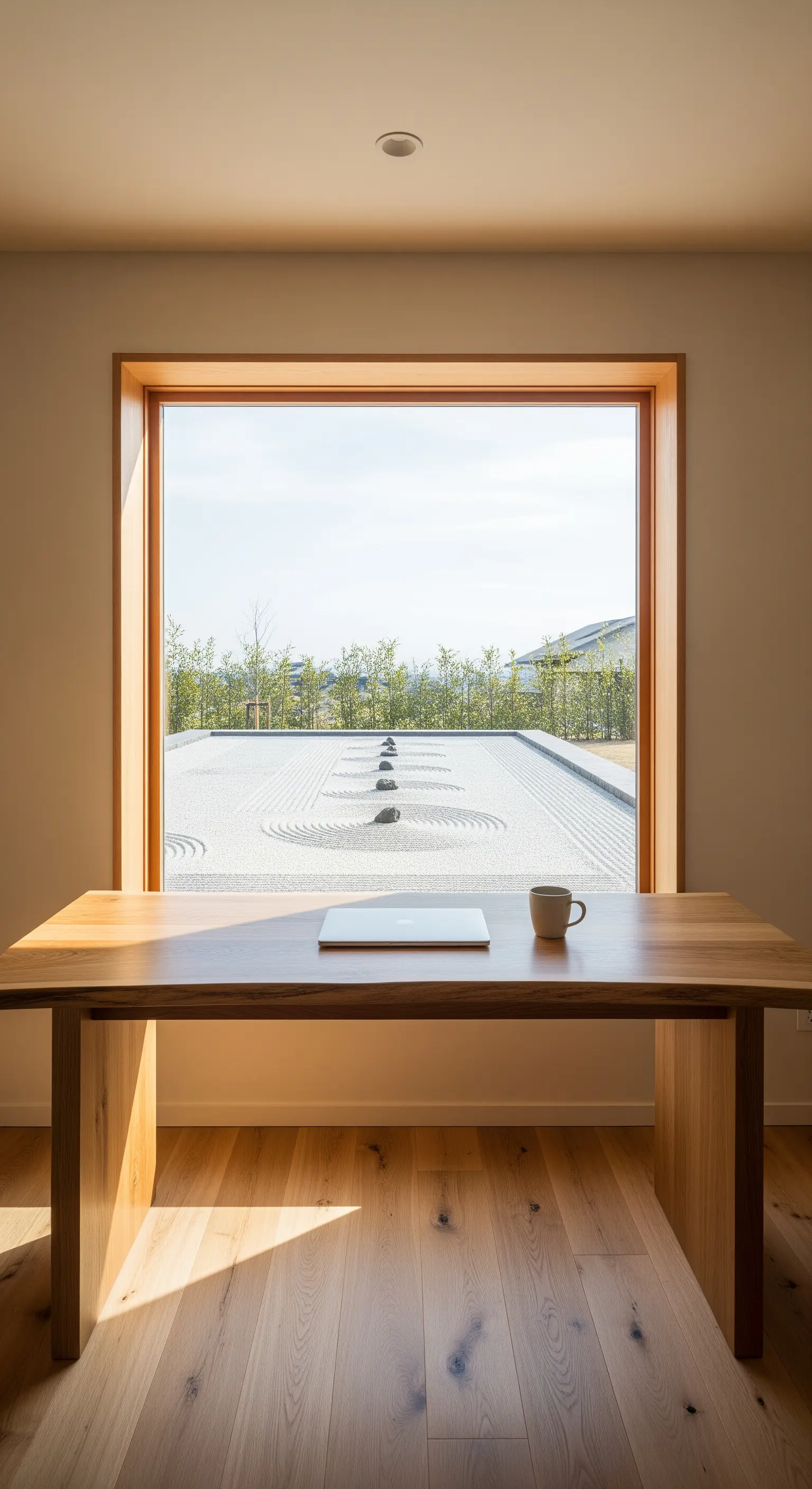 Heller Holzschreibtisch vor einem Fenster mit Blick auf einen japanischen Zen-Garten.