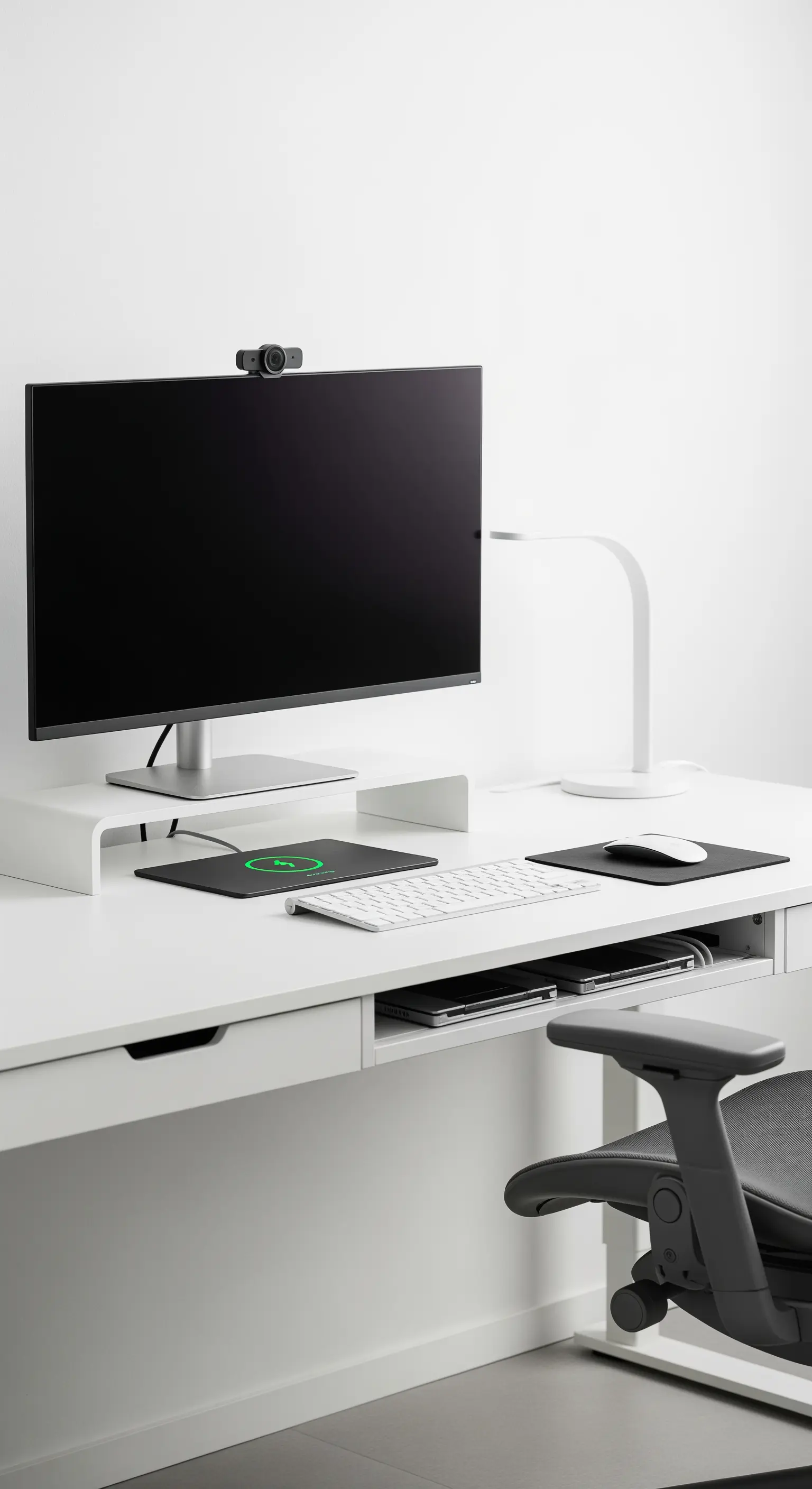 Minimalistischer weißer Schreibtisch mit kabellosen Geräten, Monitorständer und aufgeräumter Oberfläche.