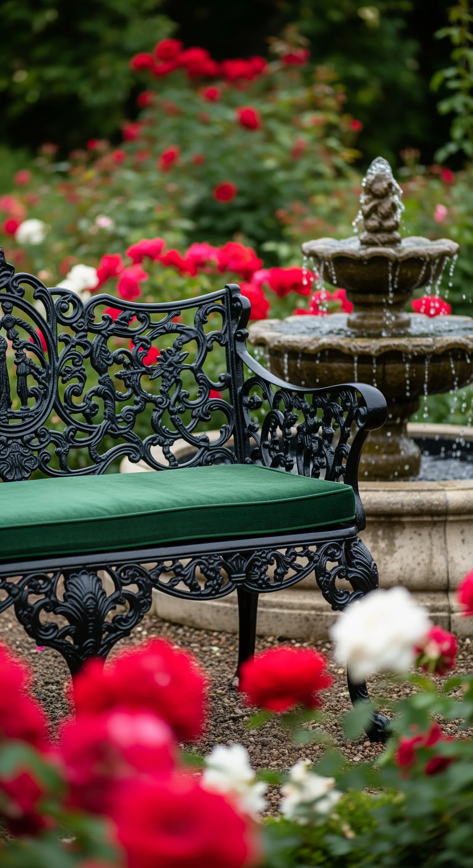 Schwarze, ornamentale Gusseisenbank mit grünem Kissen vor einem Rosenbeet und Brunnen.