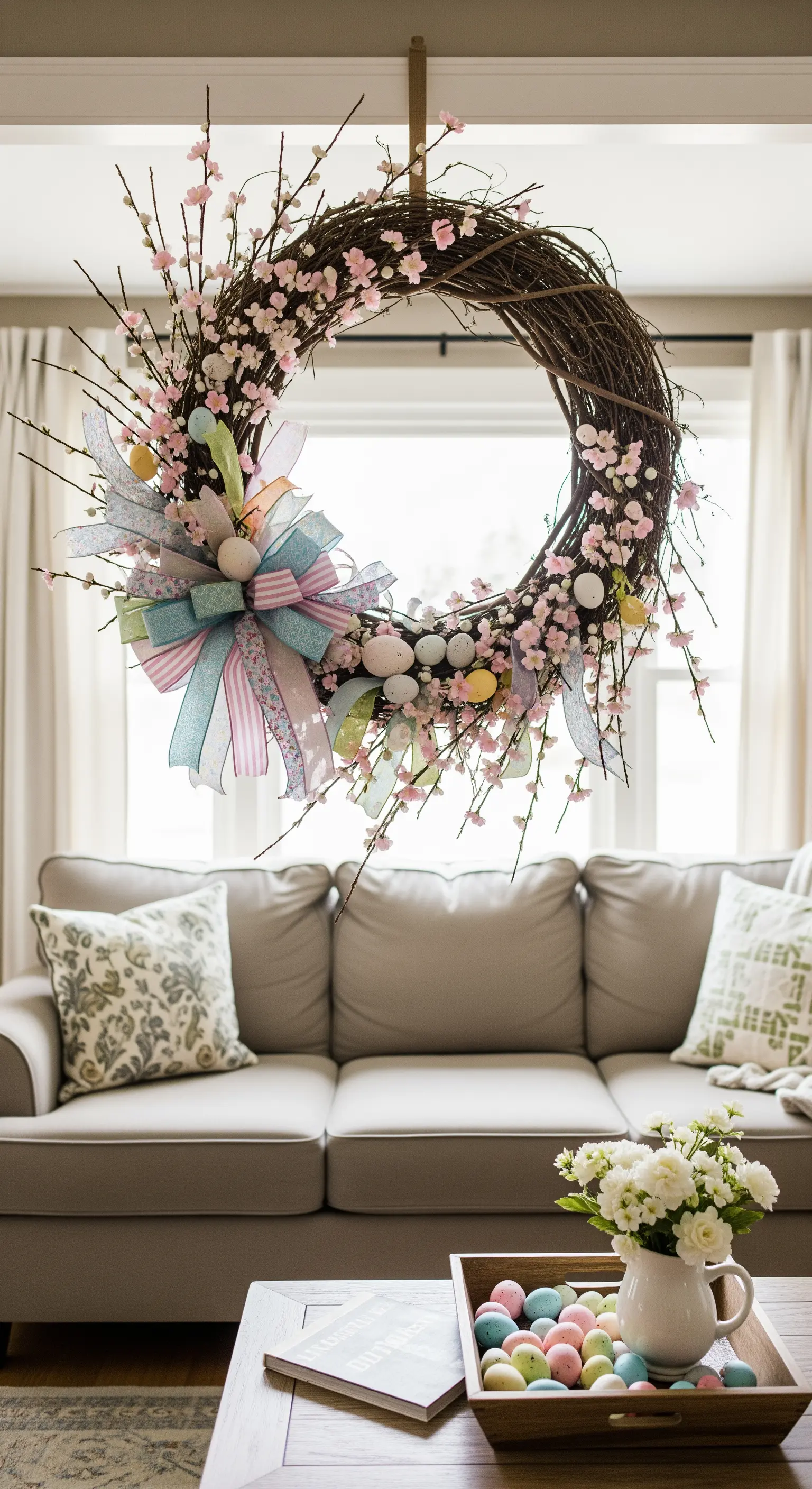 Großer Frühlingskranz mit rosa Blüten und bunten Bändern schwebt frei im Wohnzimmer.