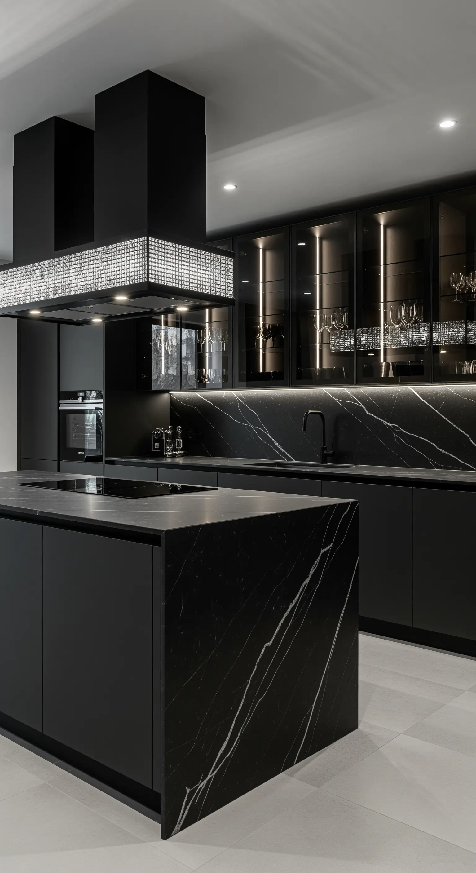 Moderne schwarze Küche mit einem mit Kristallen besetzten Band an der Dunstabzugshaube.