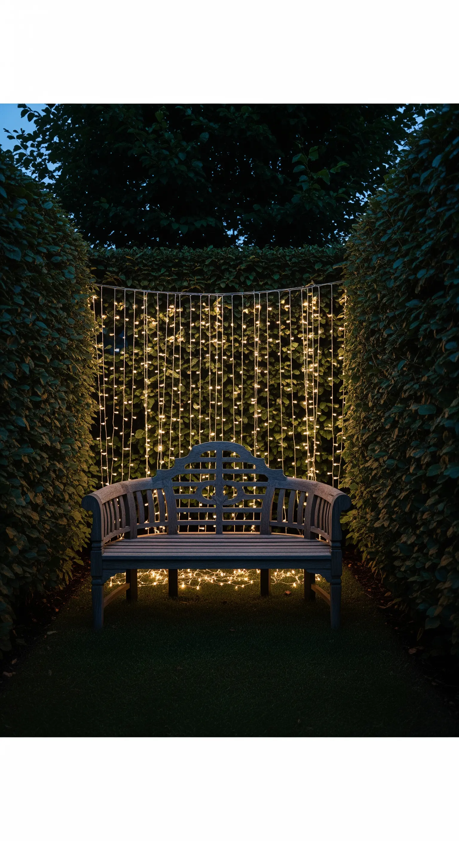 Ein Vorhang aus warmweißen Lichterketten hängt hinter einer Holzbank und bildet einen leuchtenden Hintergrund.