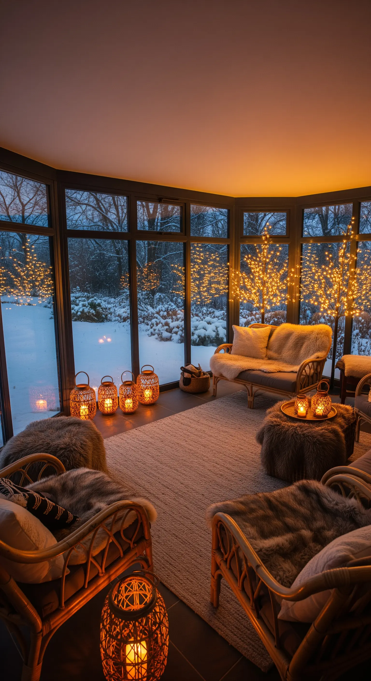 Ein verglaster Wintergarten, gefüllt mit Rattanmöbeln, Felldecken und unzähligen warmen Lichterketten und Laternen.