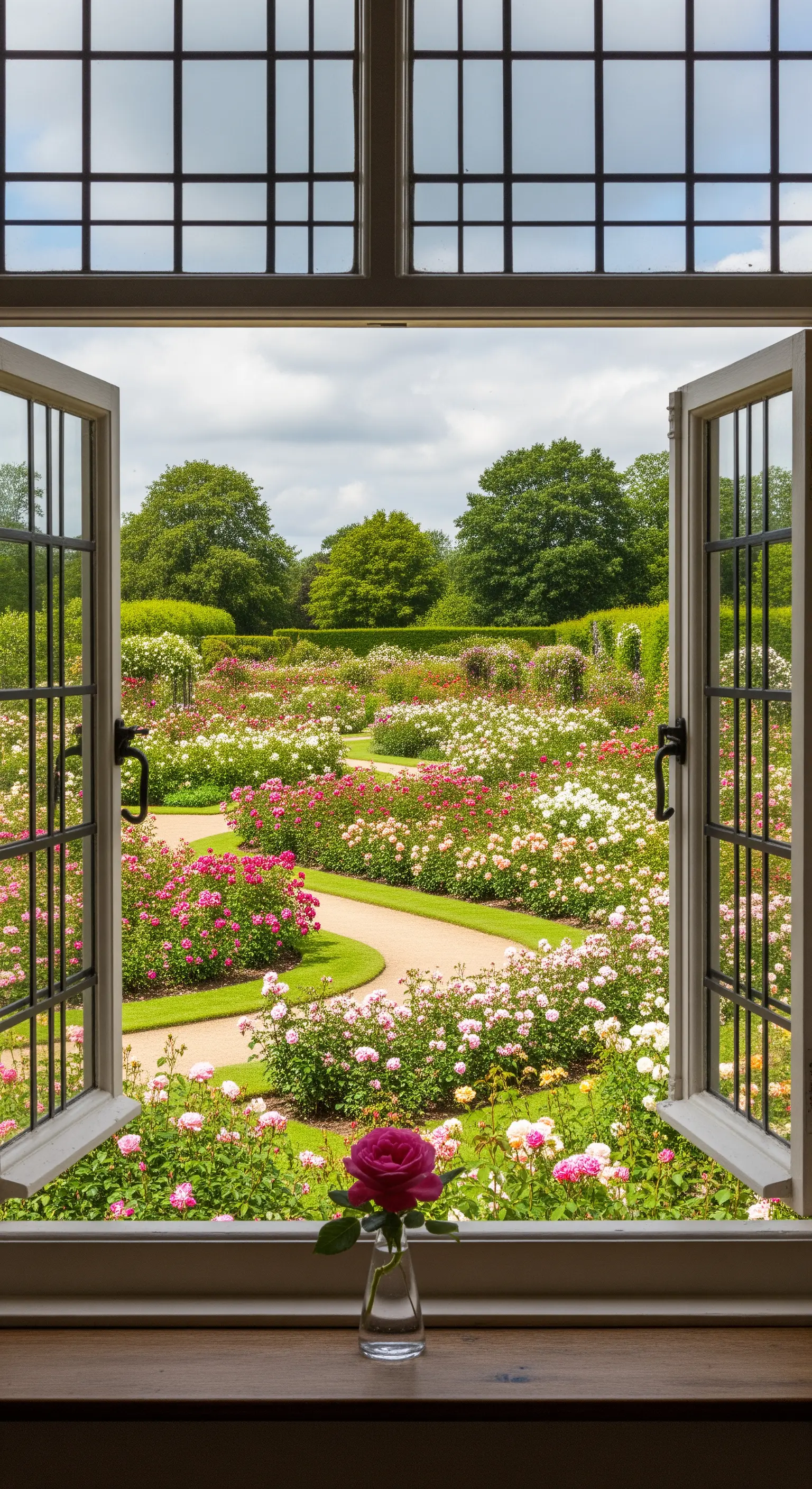 Blick aus einem geöffneten Fenster auf einen weitläufigen Rosengarten