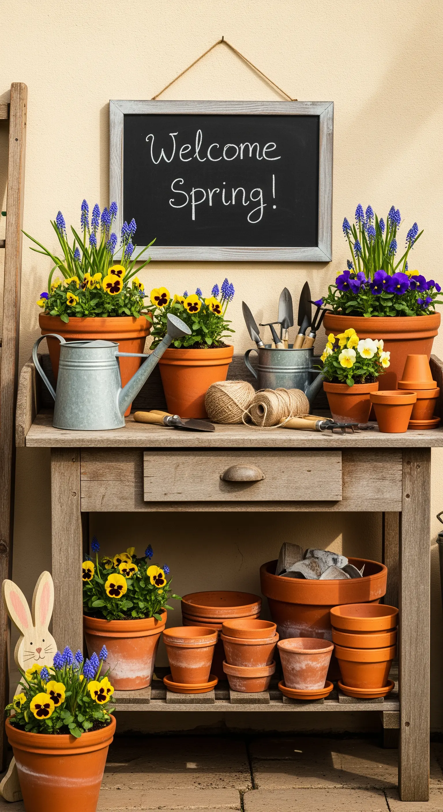 Rustikaler Pflanztisch mit Frühlingsblumen in Terrakotta-Töpfen und Gartengeräten.