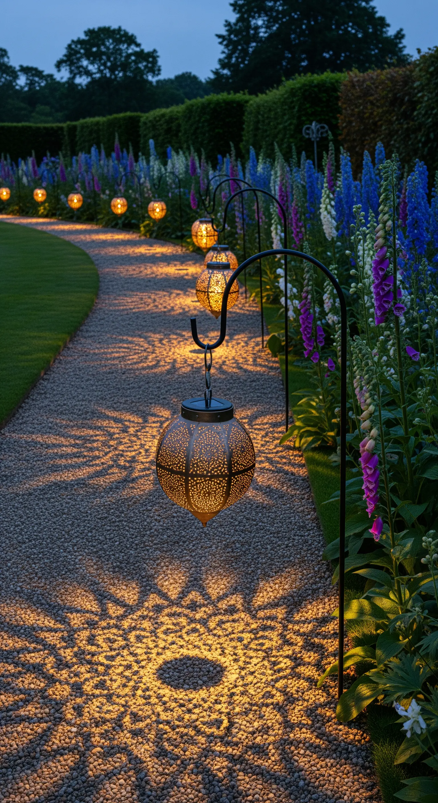 Orientalisch anmutende Solarlaternen hängen an Haken entlang eines Kieswegs im Blumengarten.