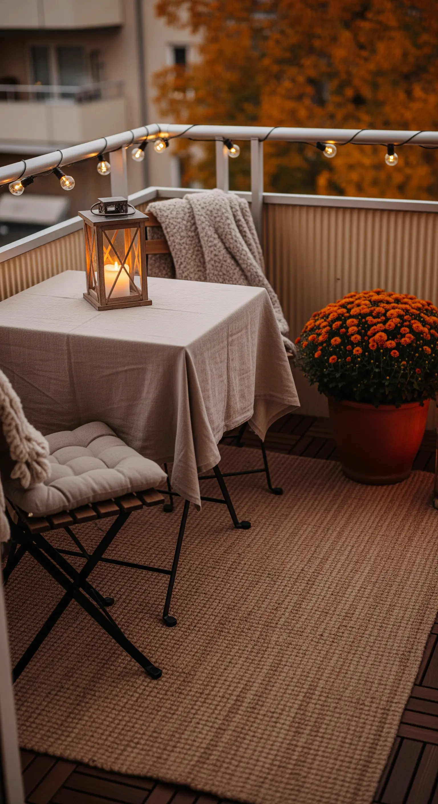 Gemütlicher Herbstbalkon mit Tisch, Laterne, Chrysanthemen und Lichterkette.