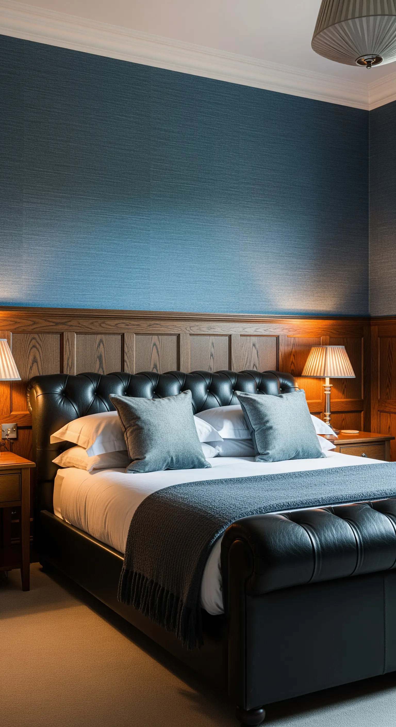 Klassisches Schlafzimmer mit einem Chesterfield-Bett aus schwarzem Leder und Holzvertäfelung.