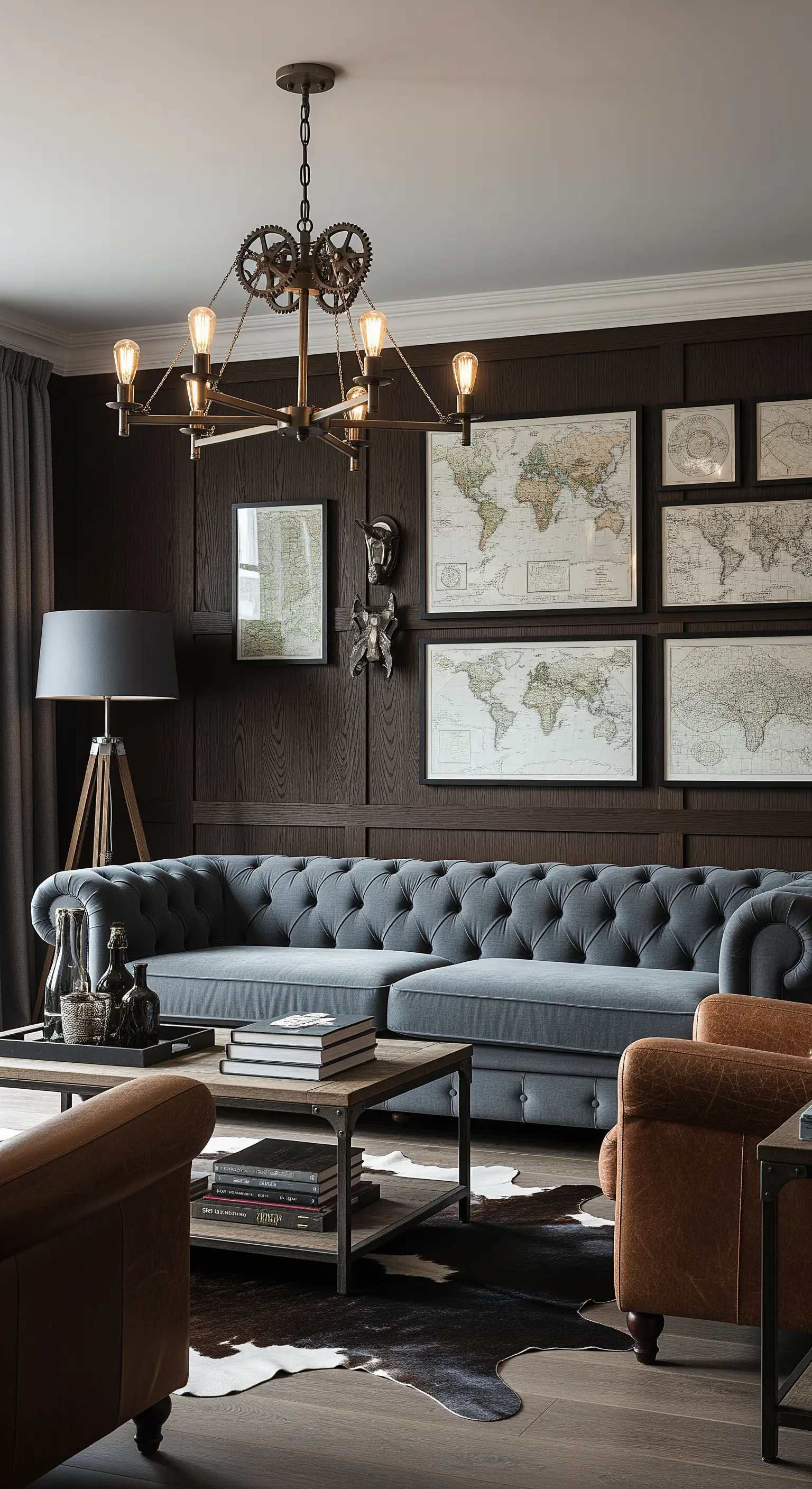 Graues Chesterfield-Sofa vor einer dunklen Holzwand, dekoriert mit alten Weltkarten.