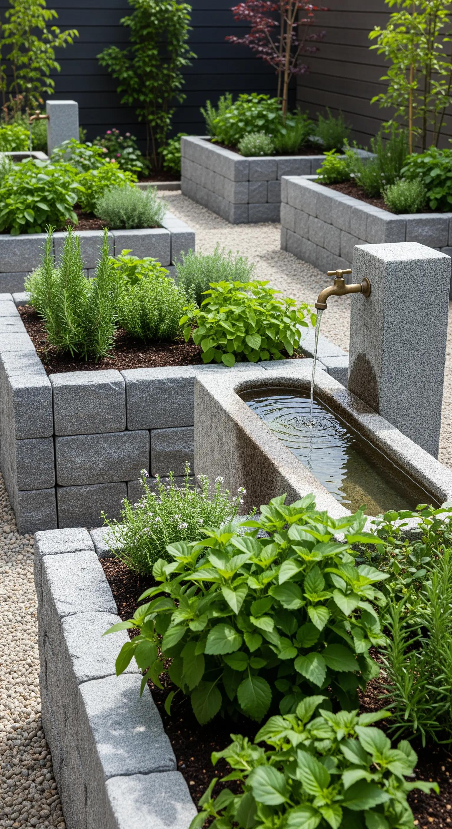 Geometrischer Kräutergarten mit Hochbeeten aus grauen Steinen und einem Steintrog-Brunnen.