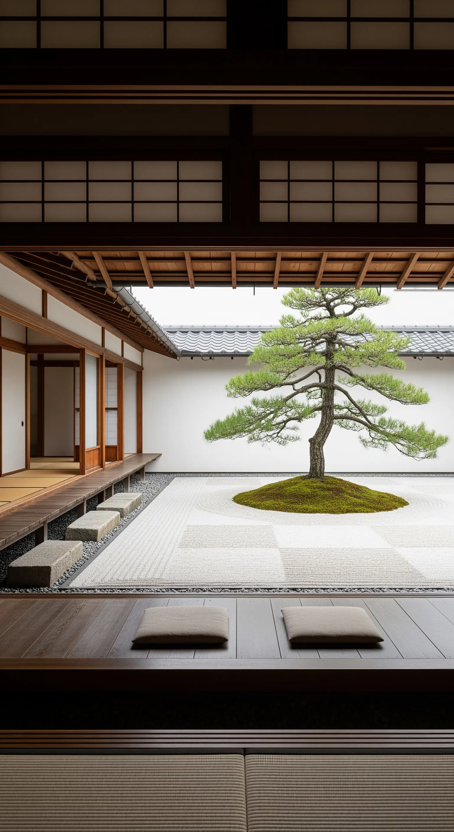 Traditioneller japanischer Hofgarten mit Kiefer und geometrischem Sandmuster.