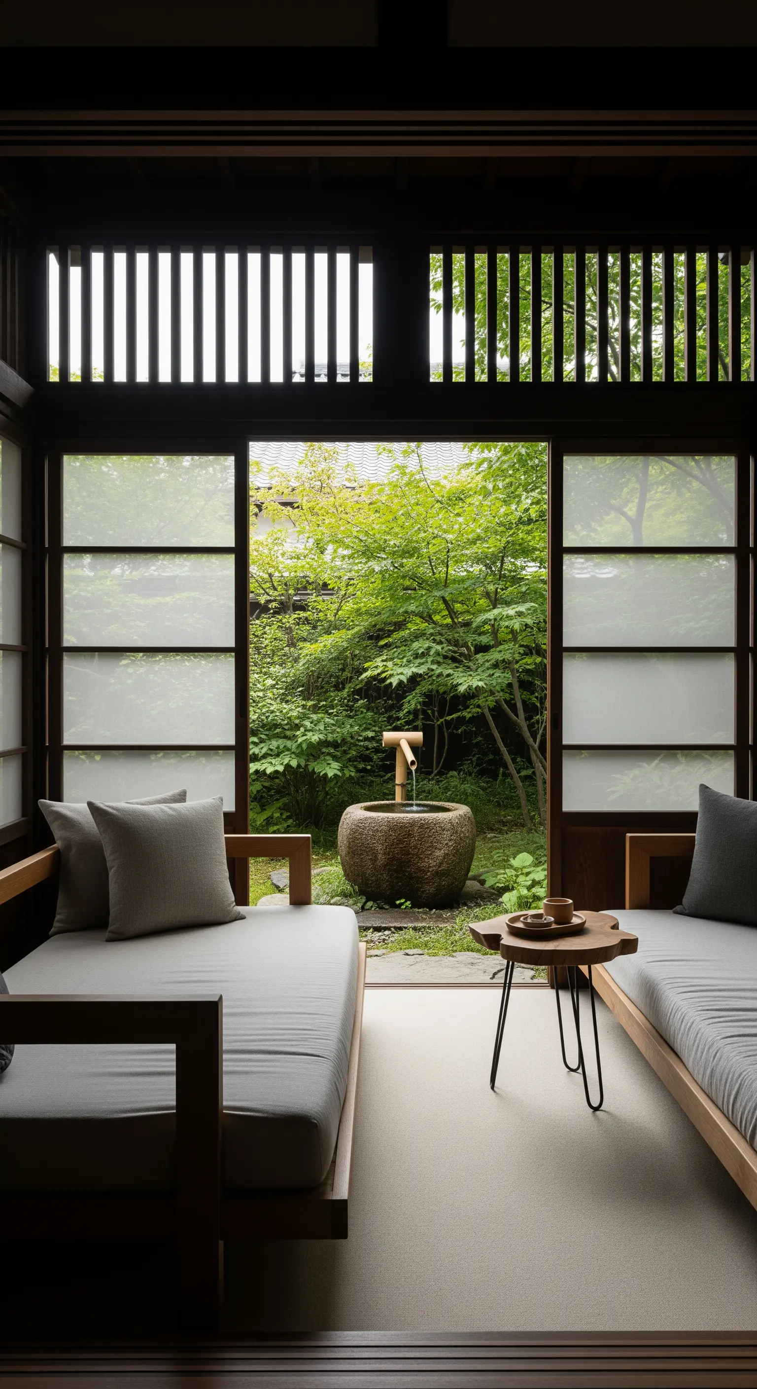 Blick aus einem minimalistischen Raum mit Shoji-Türen auf einen Garten mit Steinbrunnen.