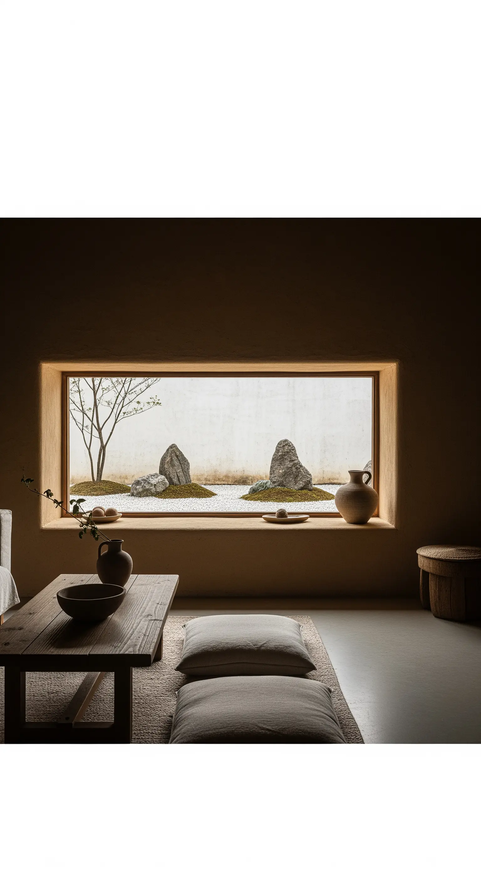 Wohnzimmer im Japandi-Stil mit niedrigem Fenster und Blick auf einen Steingarten.