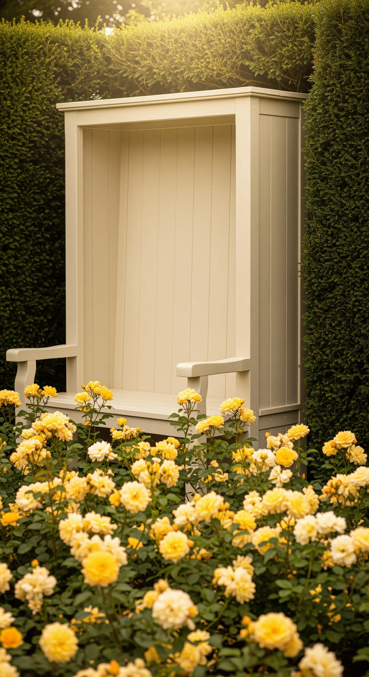 Hohe, weiße Alkovenbank, eingebettet in eine grüne Hecke und umgeben von gelben Rosen.