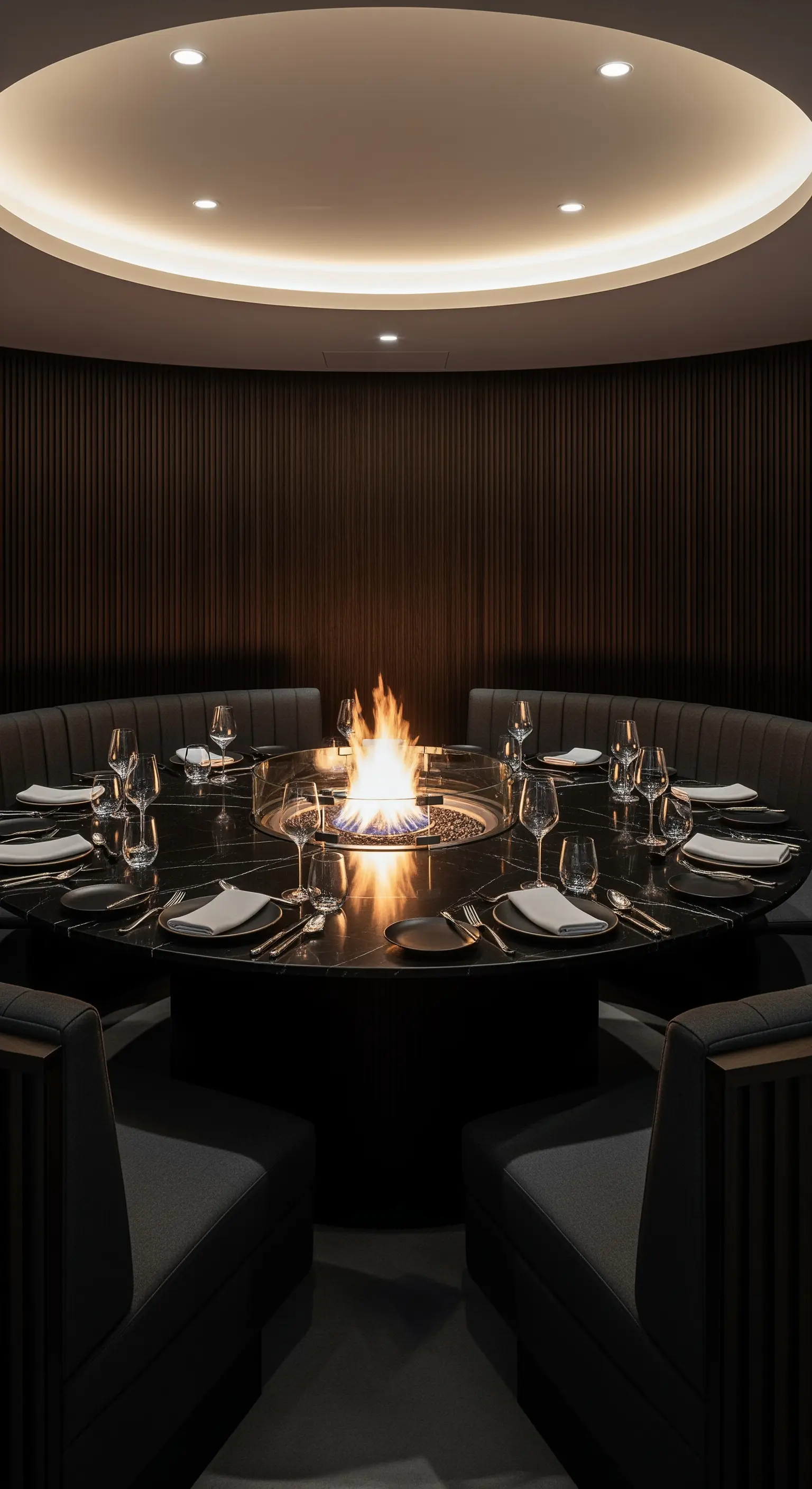 Runder schwarzer Tisch mit integrierter Feuerstelle und umlaufender Sitzbank.