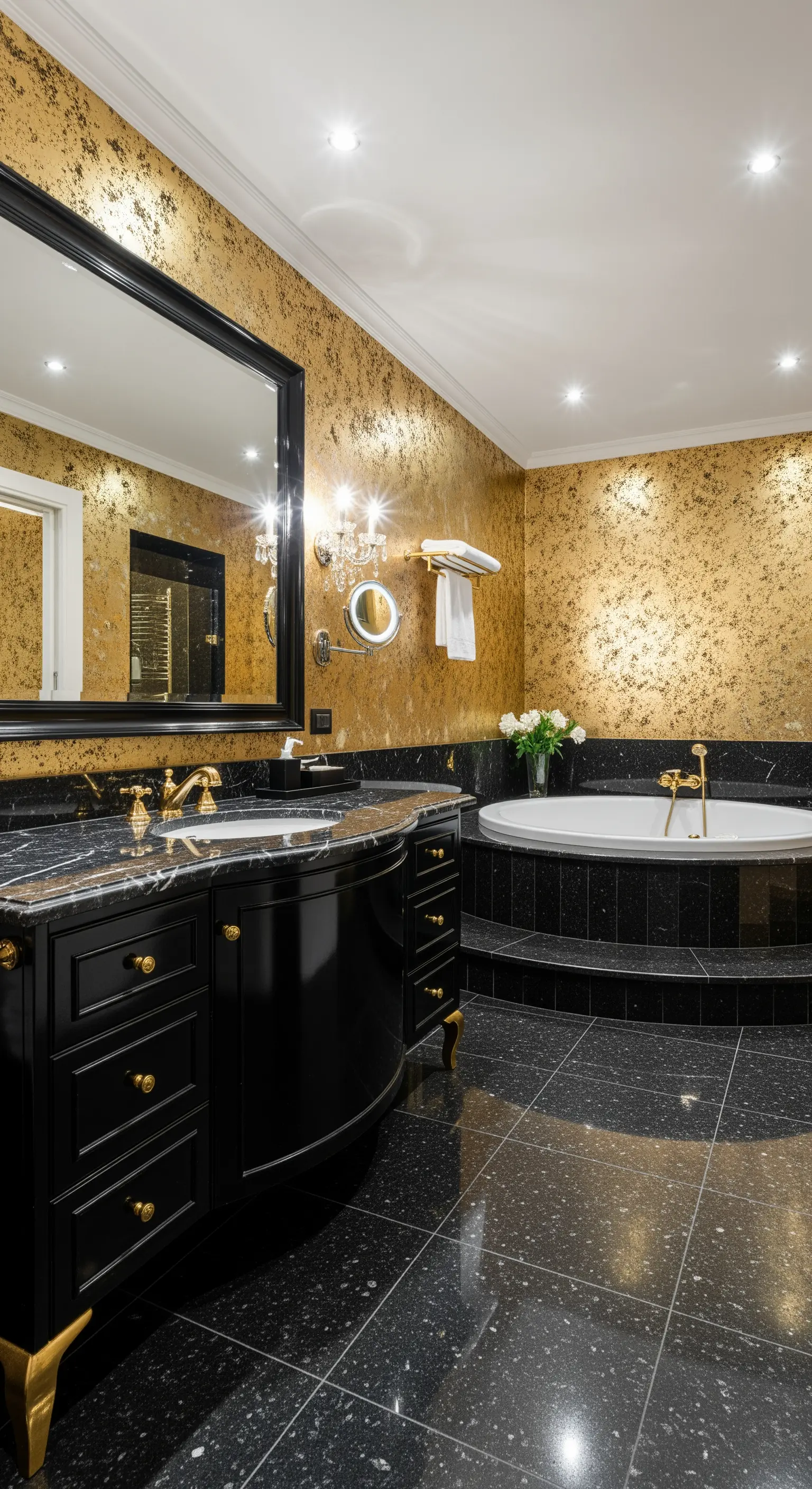 Luxuriöses Badezimmer in Schwarz und Gold mit Goldtapete und schwarzem Marmor.