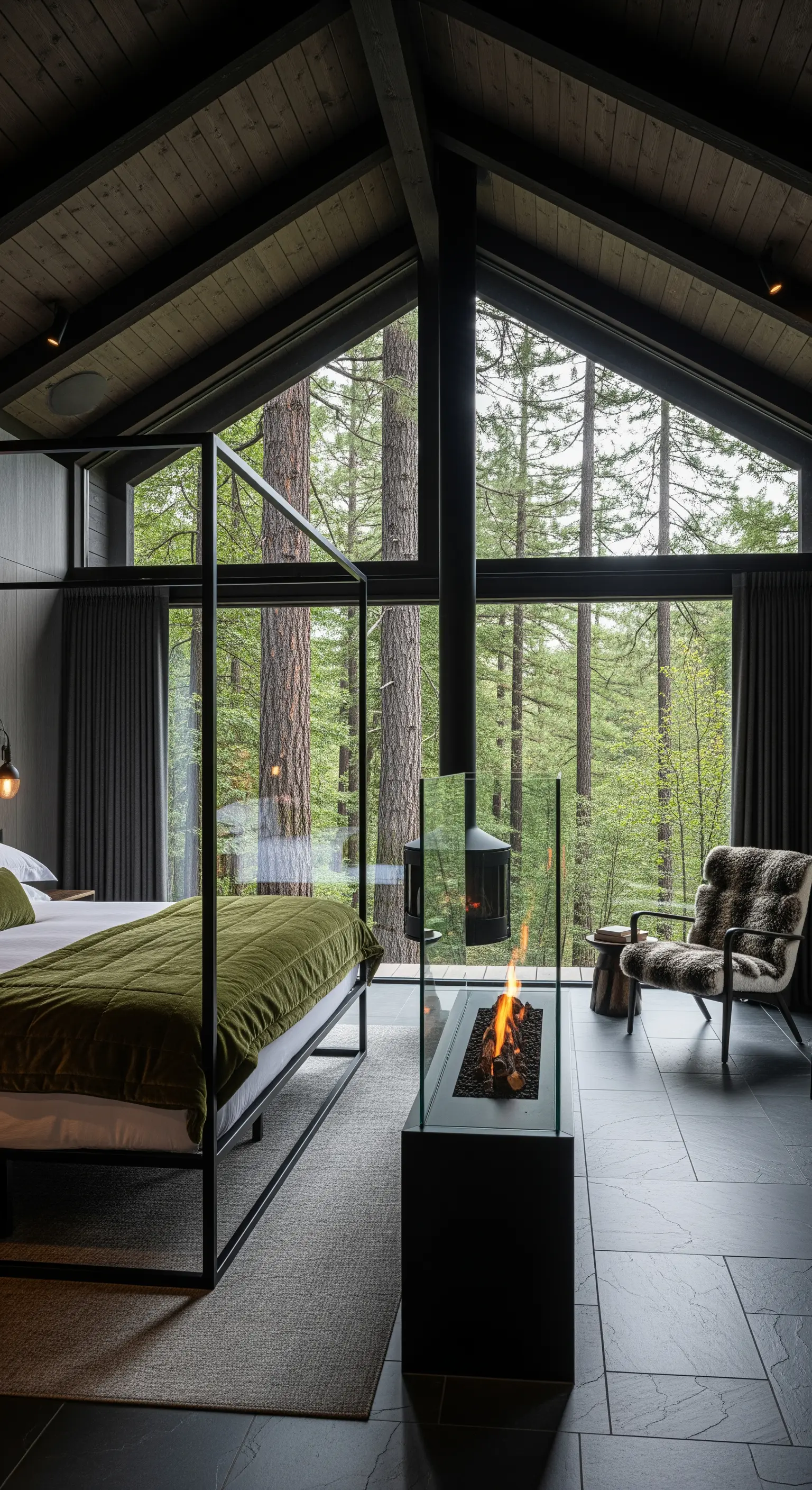 Moderner Glas-Kamin und Himmelbett in einem Schlafzimmer mit Wald-Panorama.