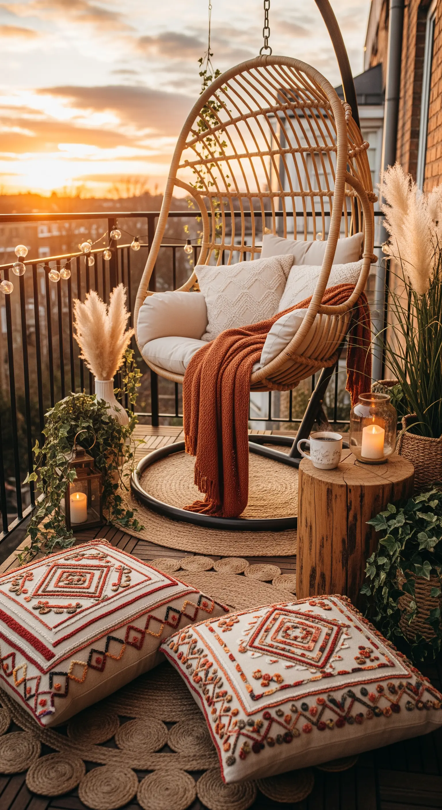 Gemütlicher Boho-Balkon mit Hängesessel bei Sonnenuntergang und Lichterketten.