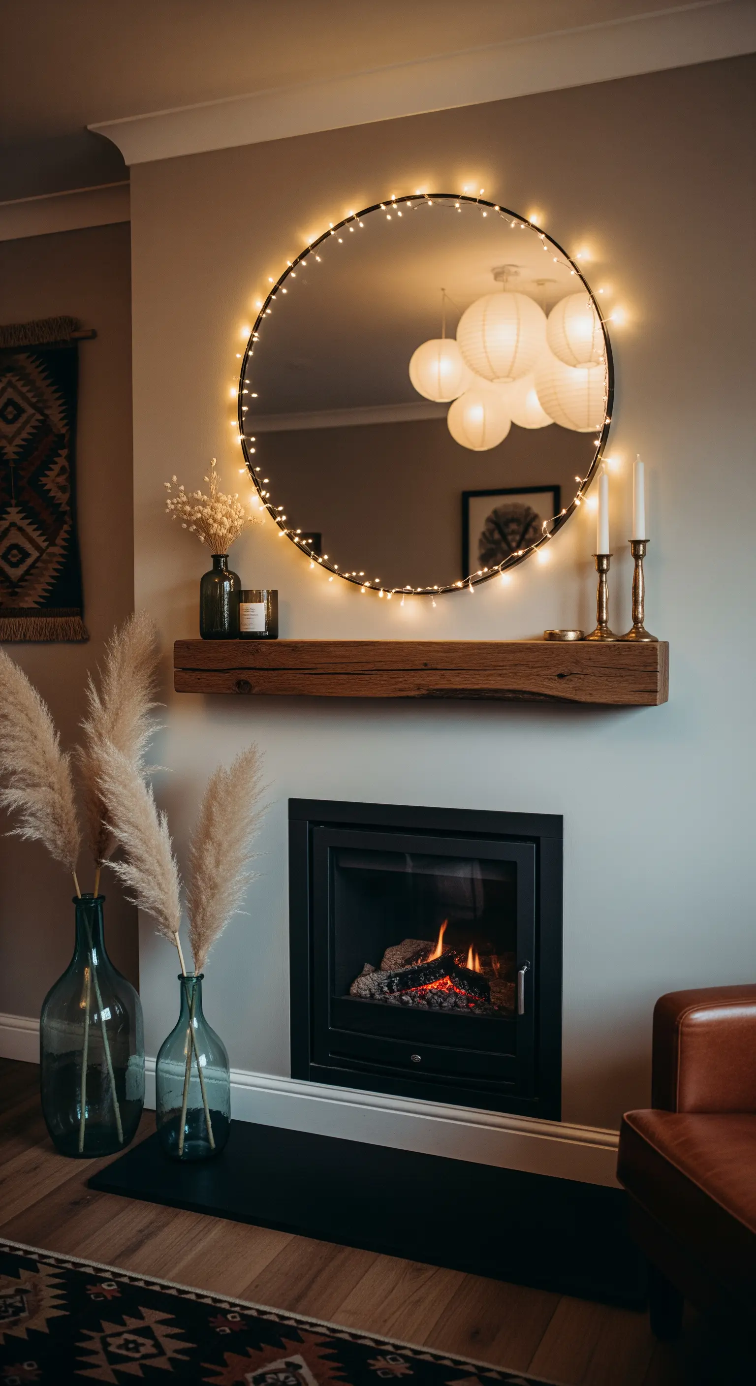 Großer runder Spiegel mit Lichterkette über Holzbalken-Sims