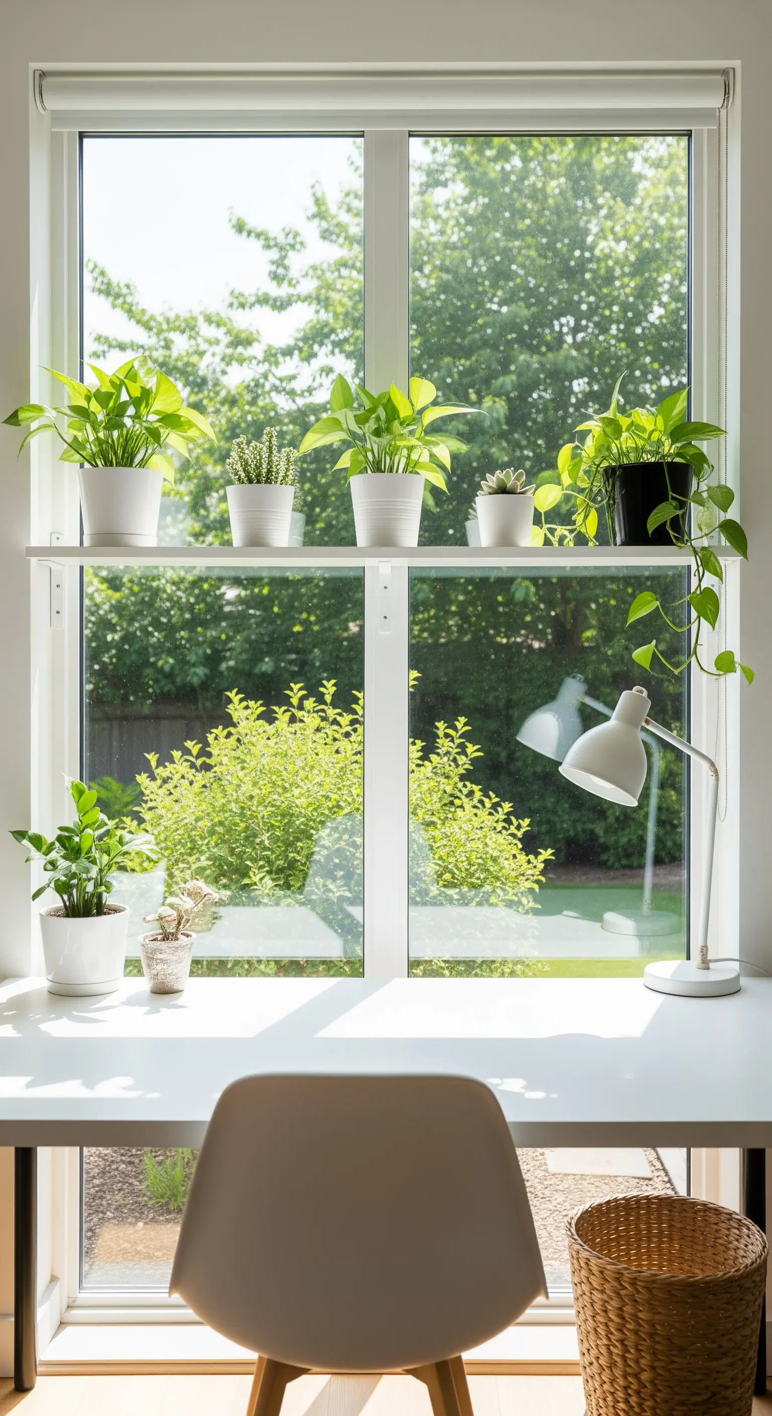 Weißer Schreibtisch vor einem Fenster mit Regalen, auf denen viele Grünpflanzen stehen.