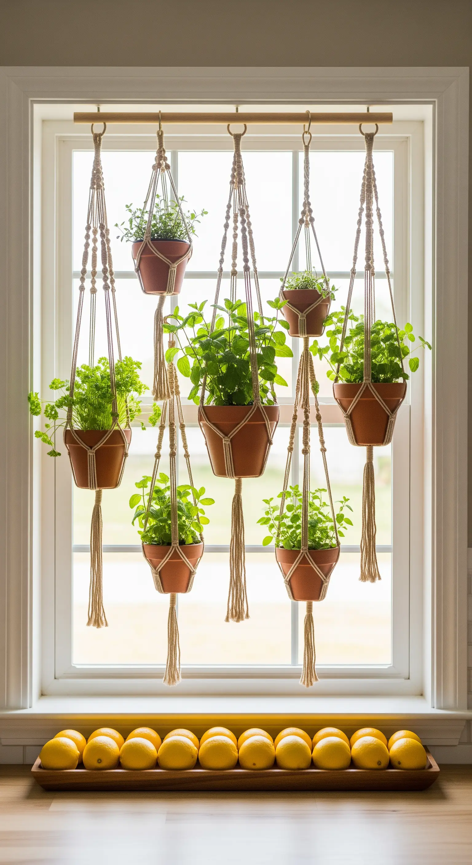 Mehrere Kräutertöpfe in Makramee-Ampeln hängen vor einem Fenster, darunter eine lange Schale mit Zitronen.