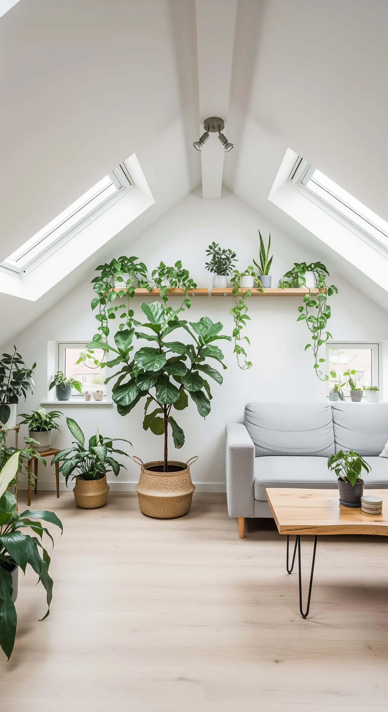 Helles Wohnzimmer im Dachgeschoss, gefüllt mit vielen Zimmerpflanzen auf Regalen und dem Boden.