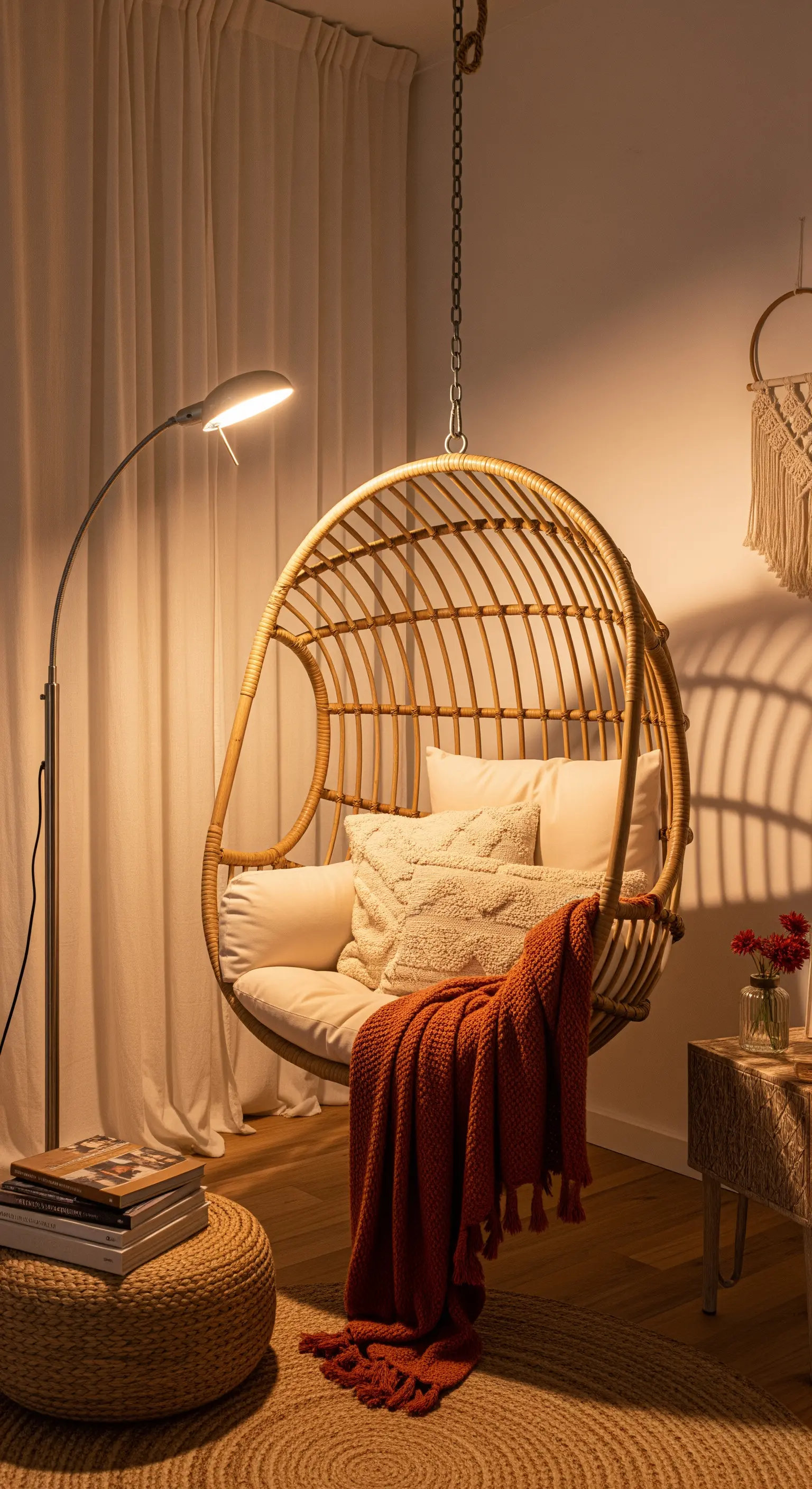 Ein Rattan-Hängesessel in einer gemütlichen Ecke, beleuchtet von einer schwenkbaren Bogen-Stehlampe.