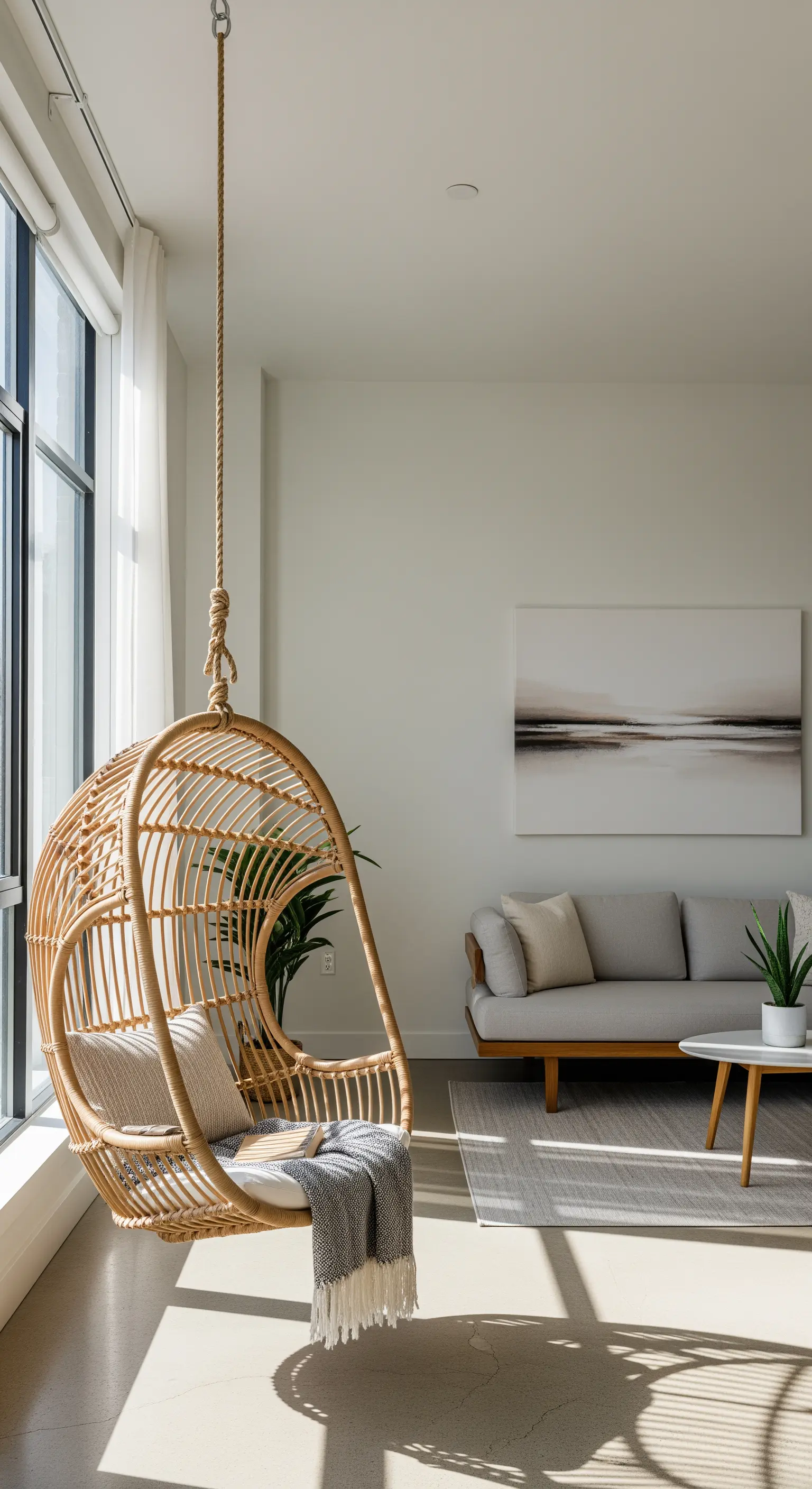 Hängesessel aus Rattan am Fenster in einem hellen, minimalistischen Wohnraum