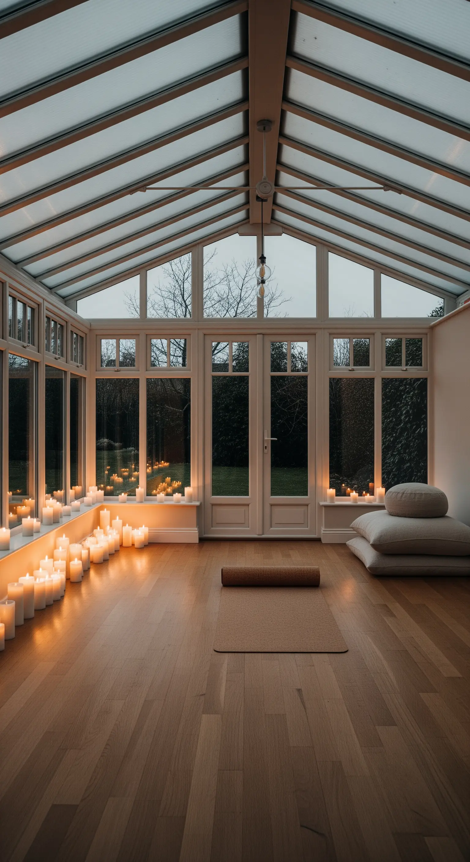 Leerer Raum für Yoga mit Kerzenreihen entlang der Fensterbänke.