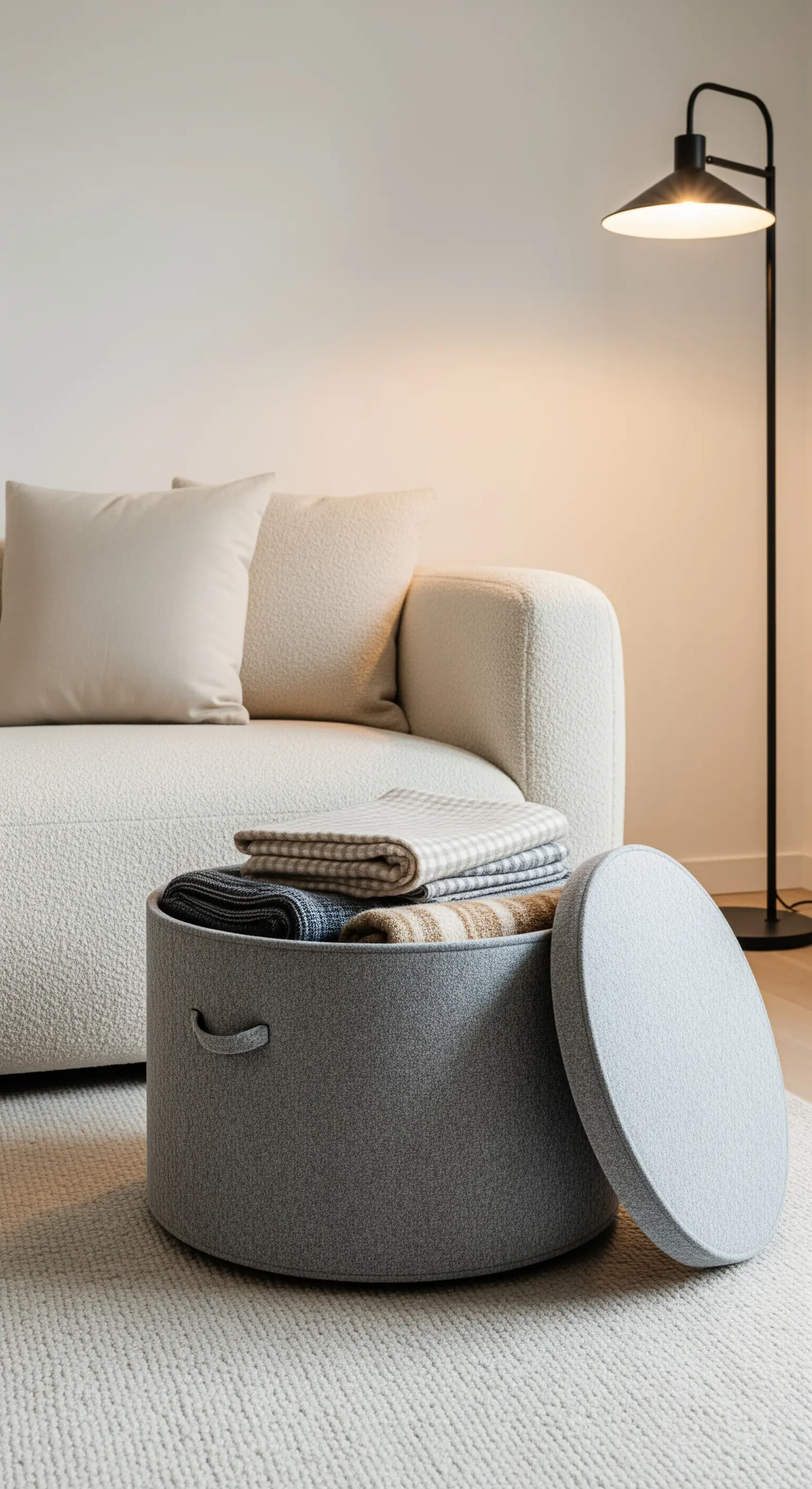 Runder, grauer Stoffhocker mit abnehmbarem Deckel, der Stauraum für Decken bietet.