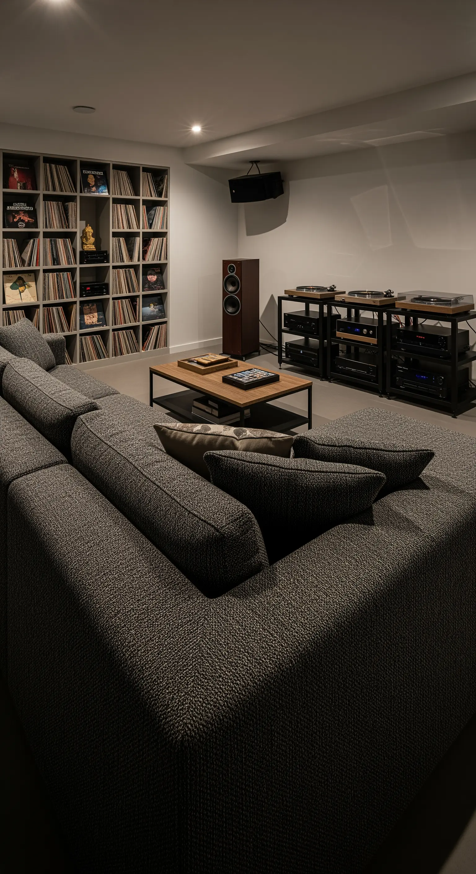 Großes, dunkelgraues Sofa in einem Hörraum mit einem großen Regal voller Schallplatten.