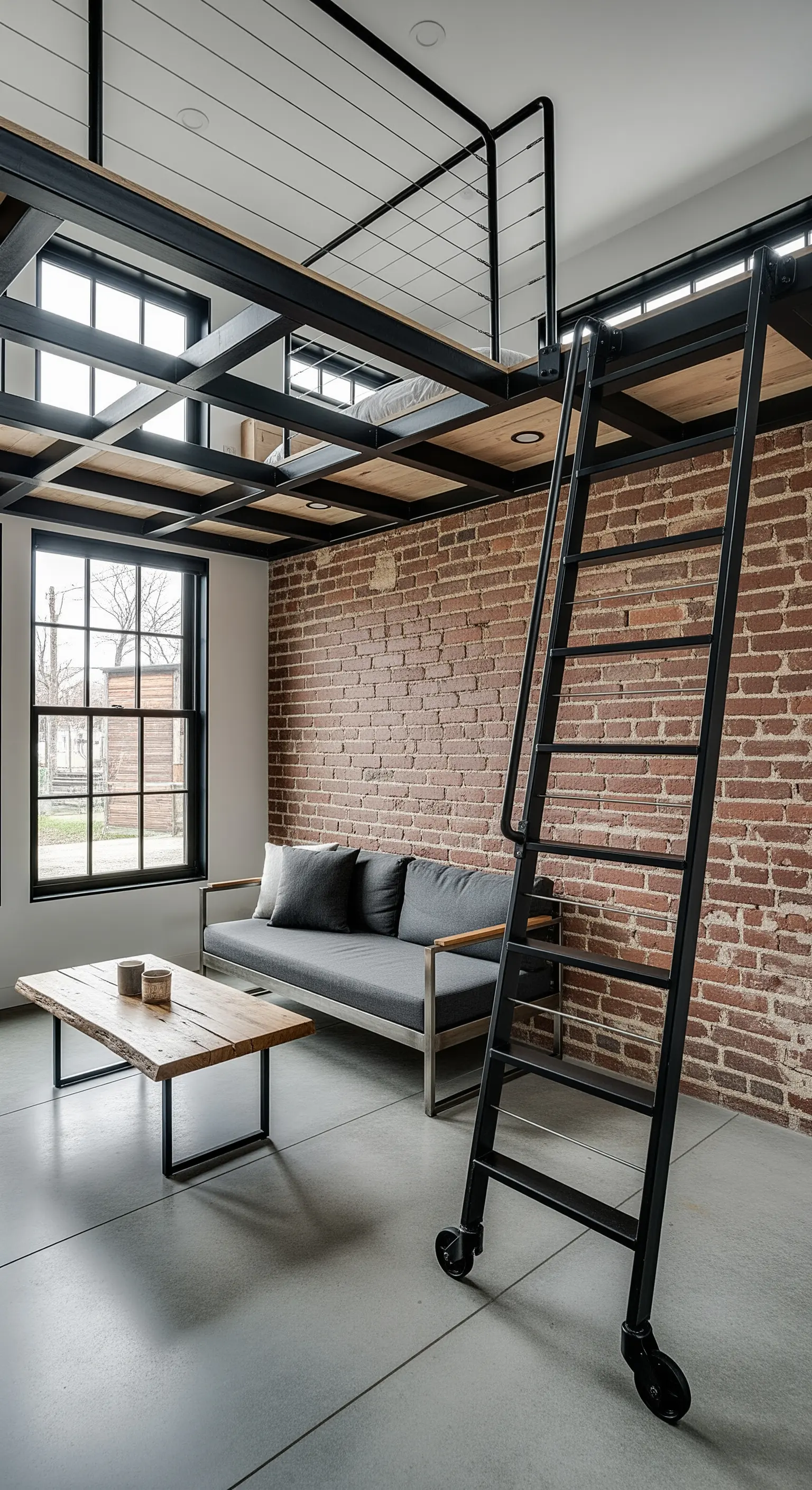 Industrial-Loft mit Backsteinwand und beweglicher Leiter zur Schlafebene.