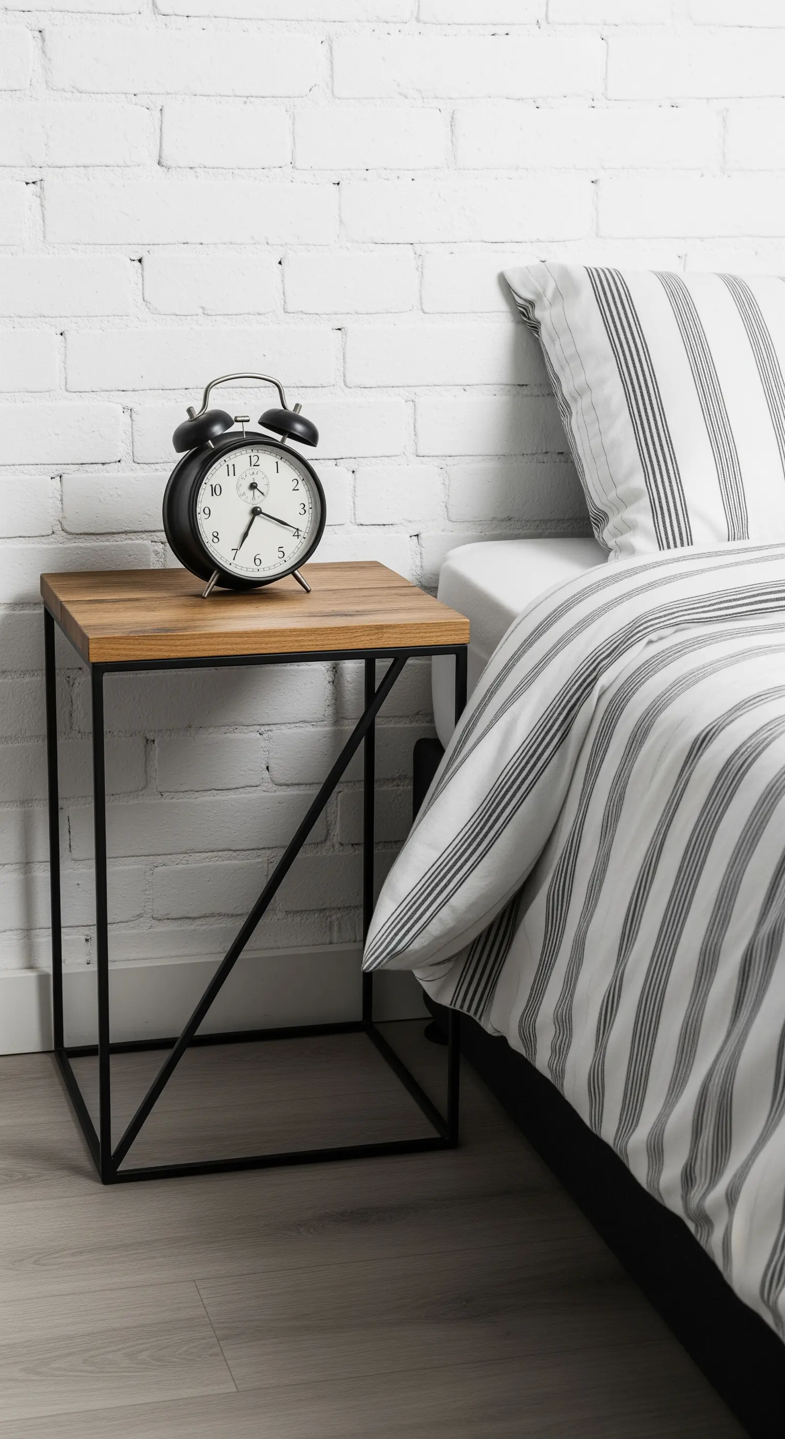 Nachttisch im Industrial-Stil mit schwarzem Metallgestell und Holzplatte.