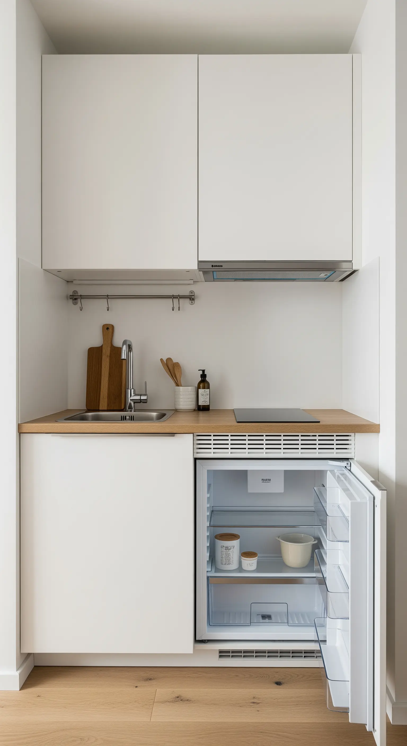 Kleine Küchenzeile mit einem unter der Arbeitsplatte integrierten, geöffneten Mini-Kühlschrank.