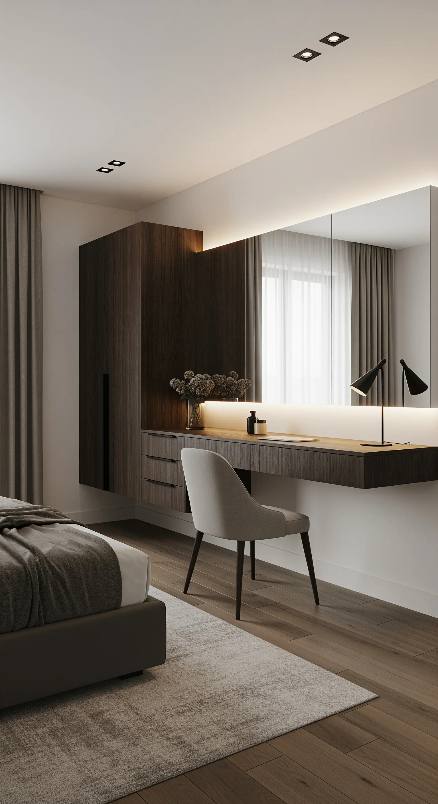 Moderner, schwebender Schminktisch aus dunklem Holz mit einem großen, hinterleuchteten Spiegel.