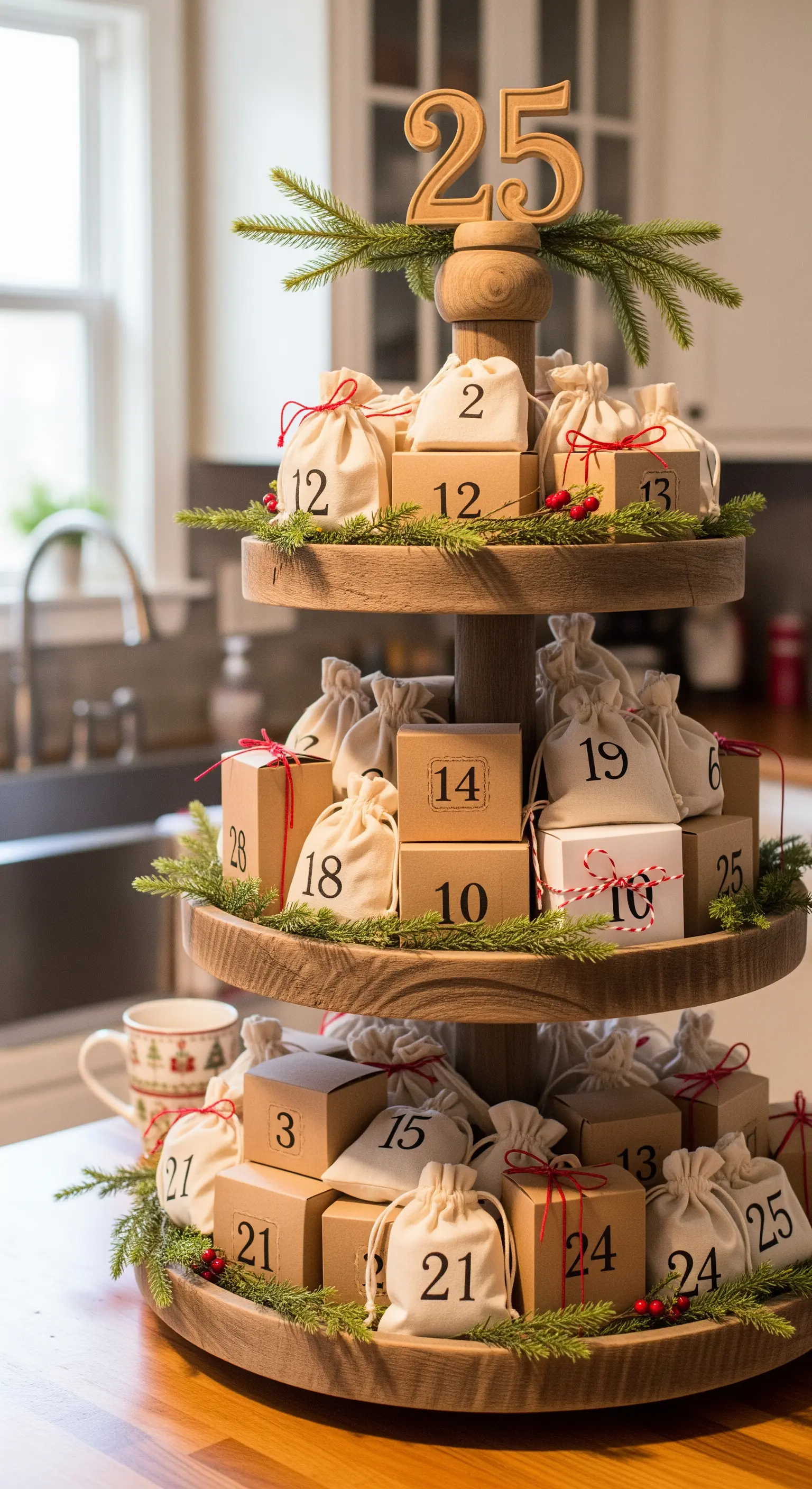 Holz-Etagere als Adventskalender mit nummerierten Päckchen und Stoffbeuteln.