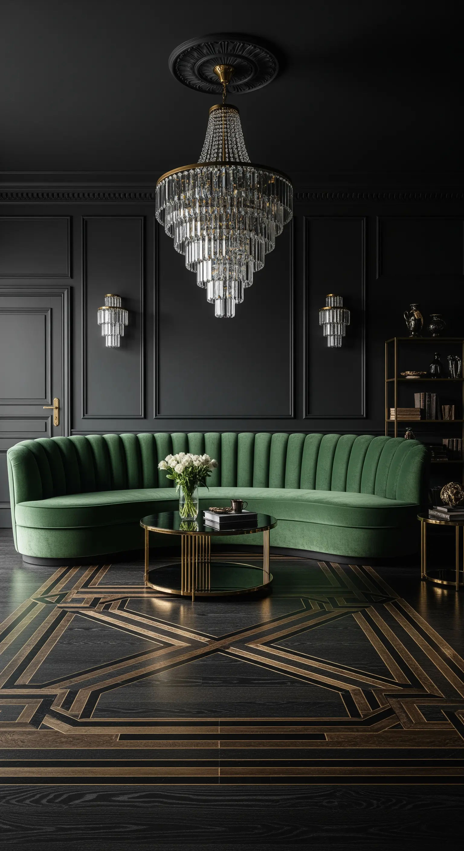 Wohnzimmer im Dark Luxury Stil mit smaragdgrünem Samtsofa und Kristallleuchter
