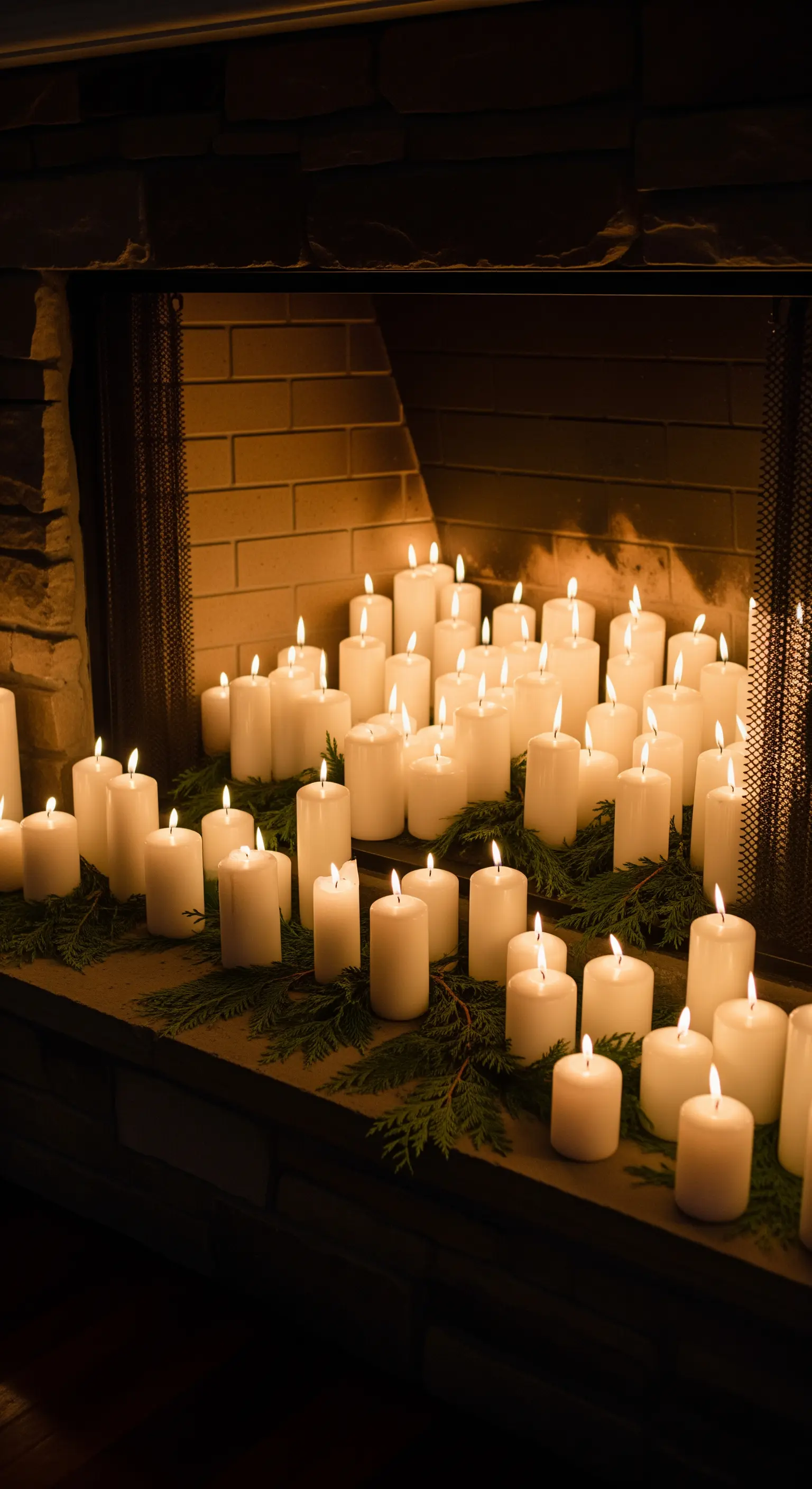 Kaminöffnung gefüllt mit einer großen Ansammlung brennender weißer Kerzen.
