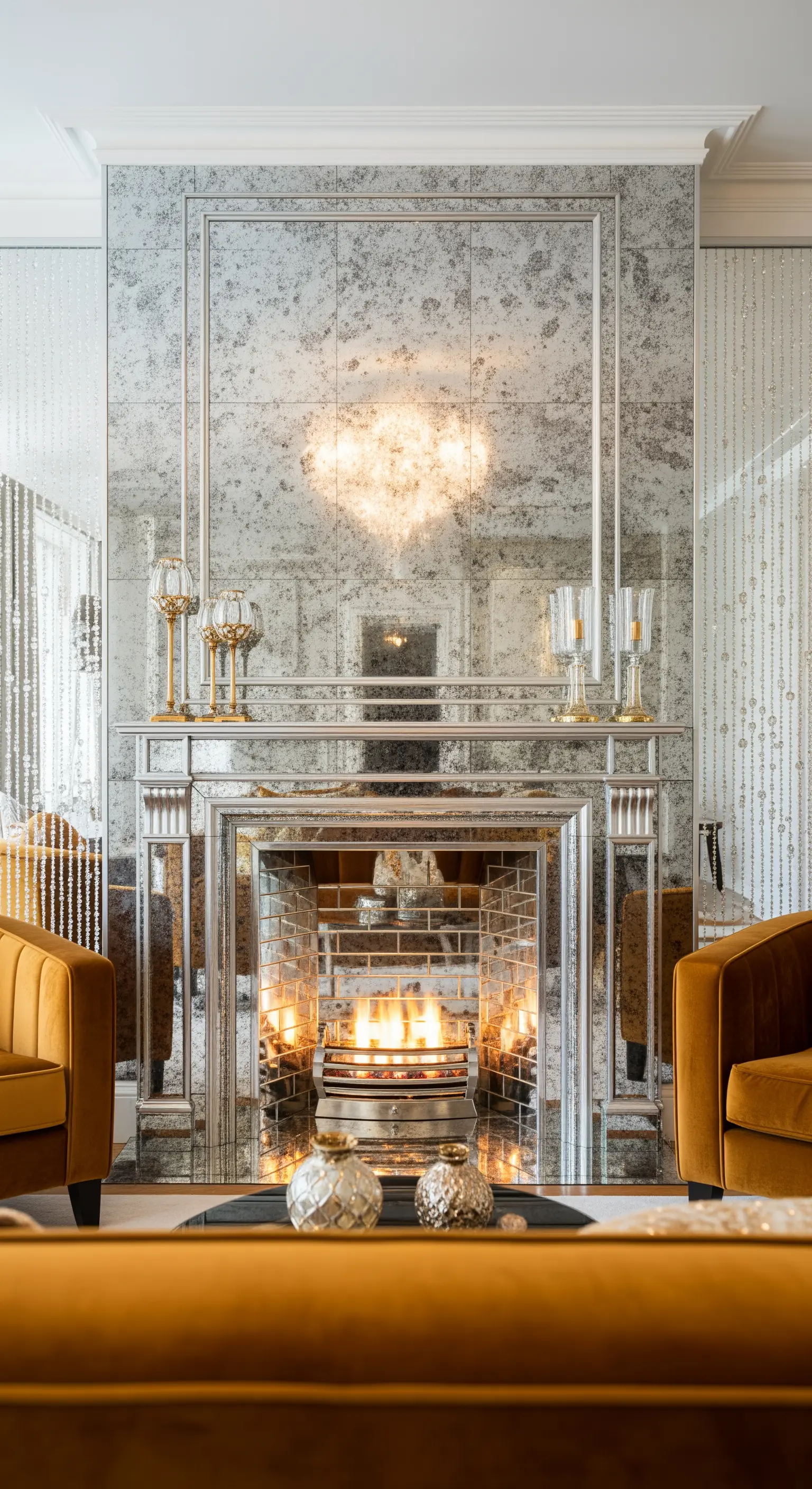 Kamin und Kaminwand vollständig mit gealterten Spiegelfliesen verkleidet.