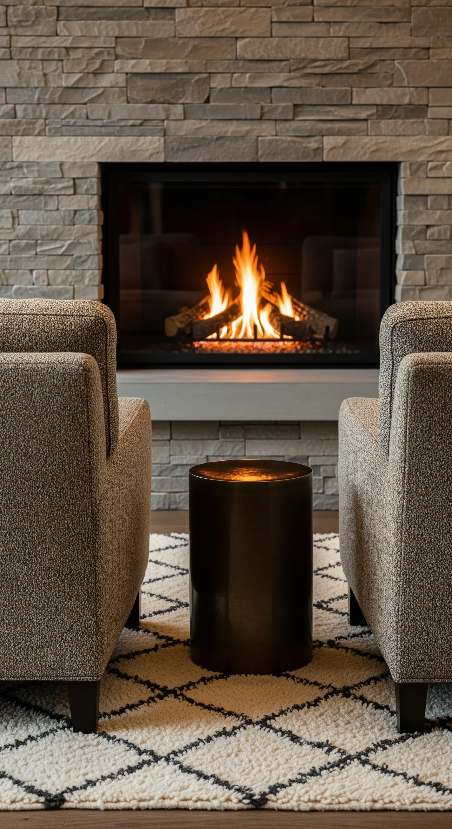 Zwei Sessel vor einem modernen Gaskamin mit Natursteinverkleidung auf einem gemusterten Teppich.