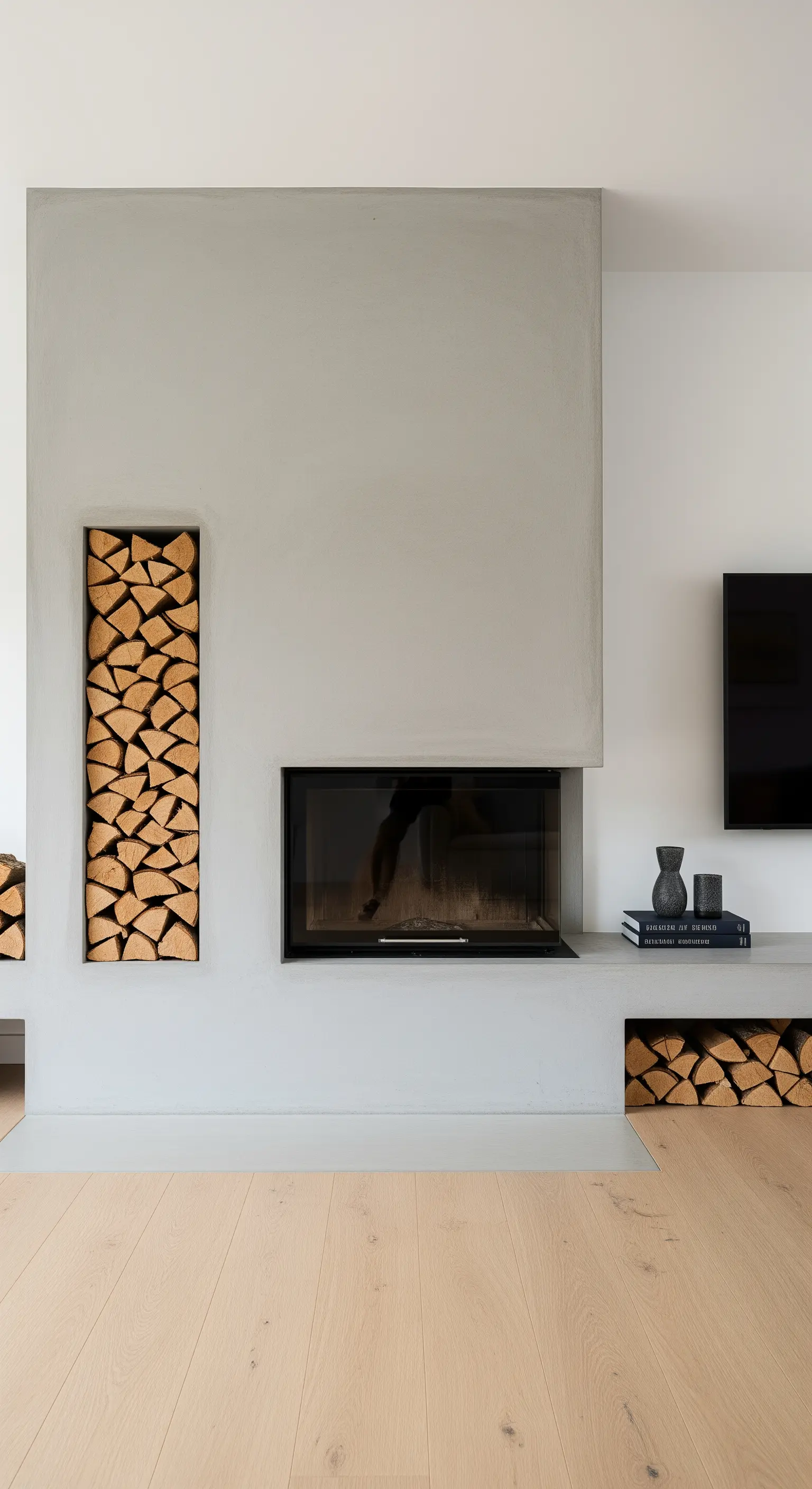 Moderner Beton-Kamin mit integrierten Nischen für Brennholz.