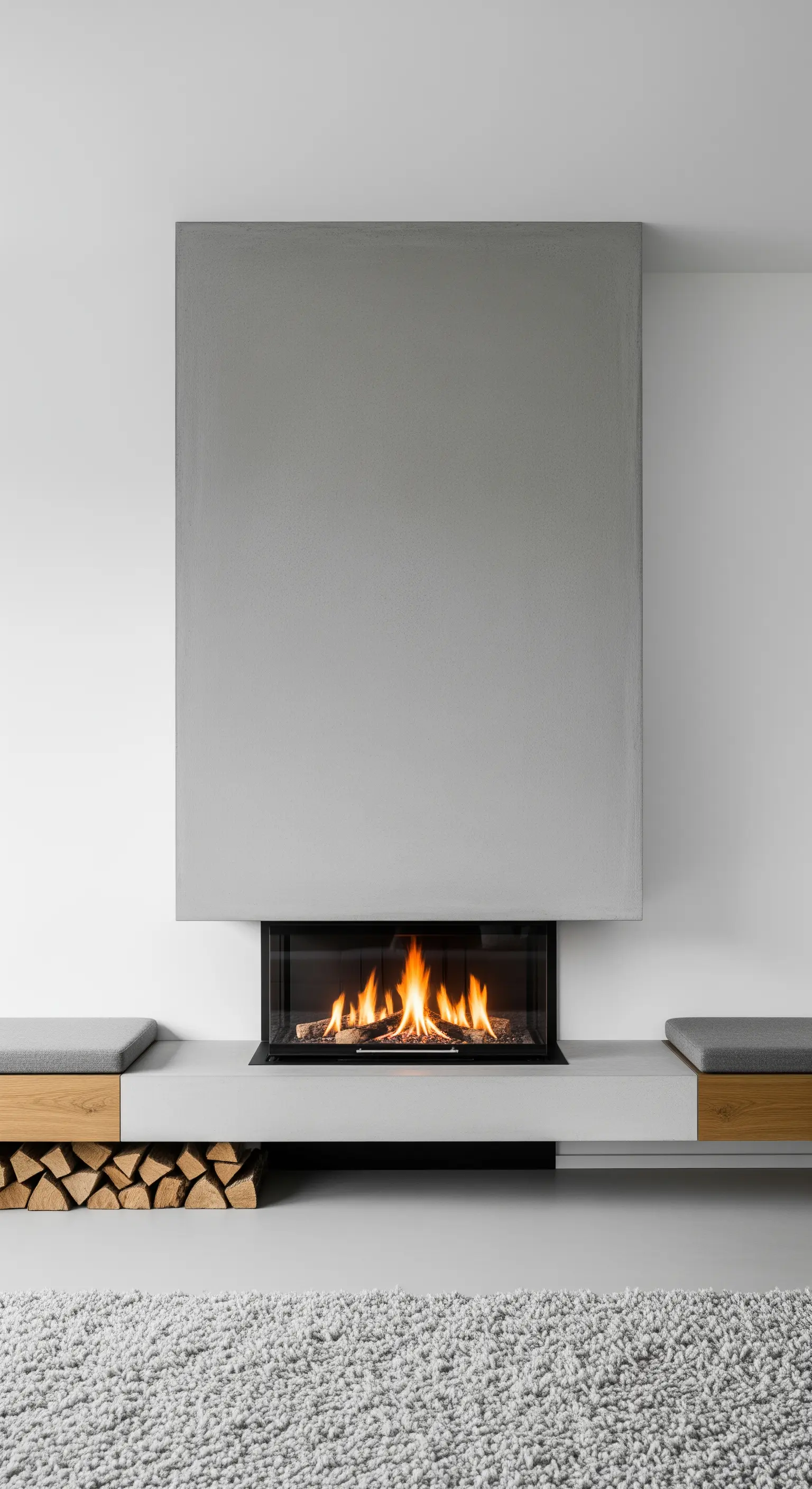 Moderner Kamin mit einer glatten Betonverkleidung und einer integrierten Sitzbank.