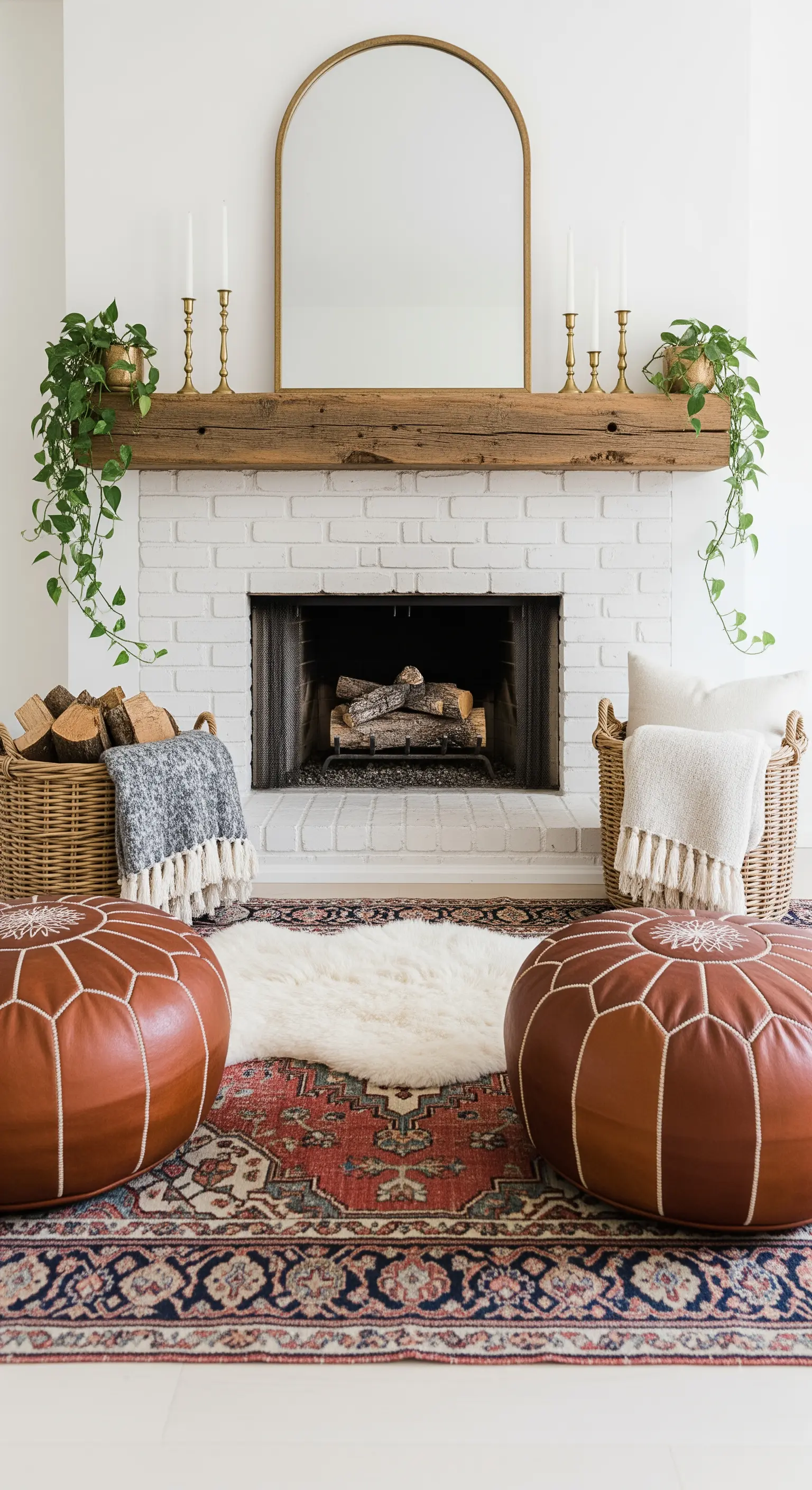 Weißer Kamin mit Holzbalken, goldenem Spiegel und zwei Lederpoufs davor.