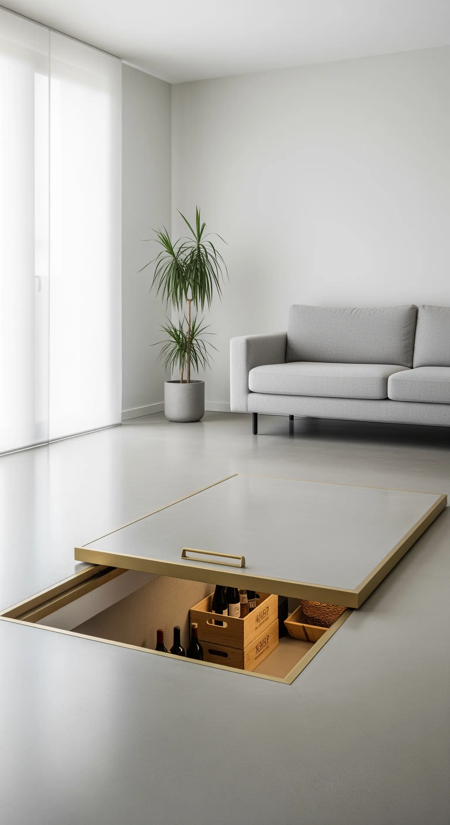 Eine in den Betonboden eingelassene, offene Bodenklappe, die den Blick auf einen Weinkeller freigibt.