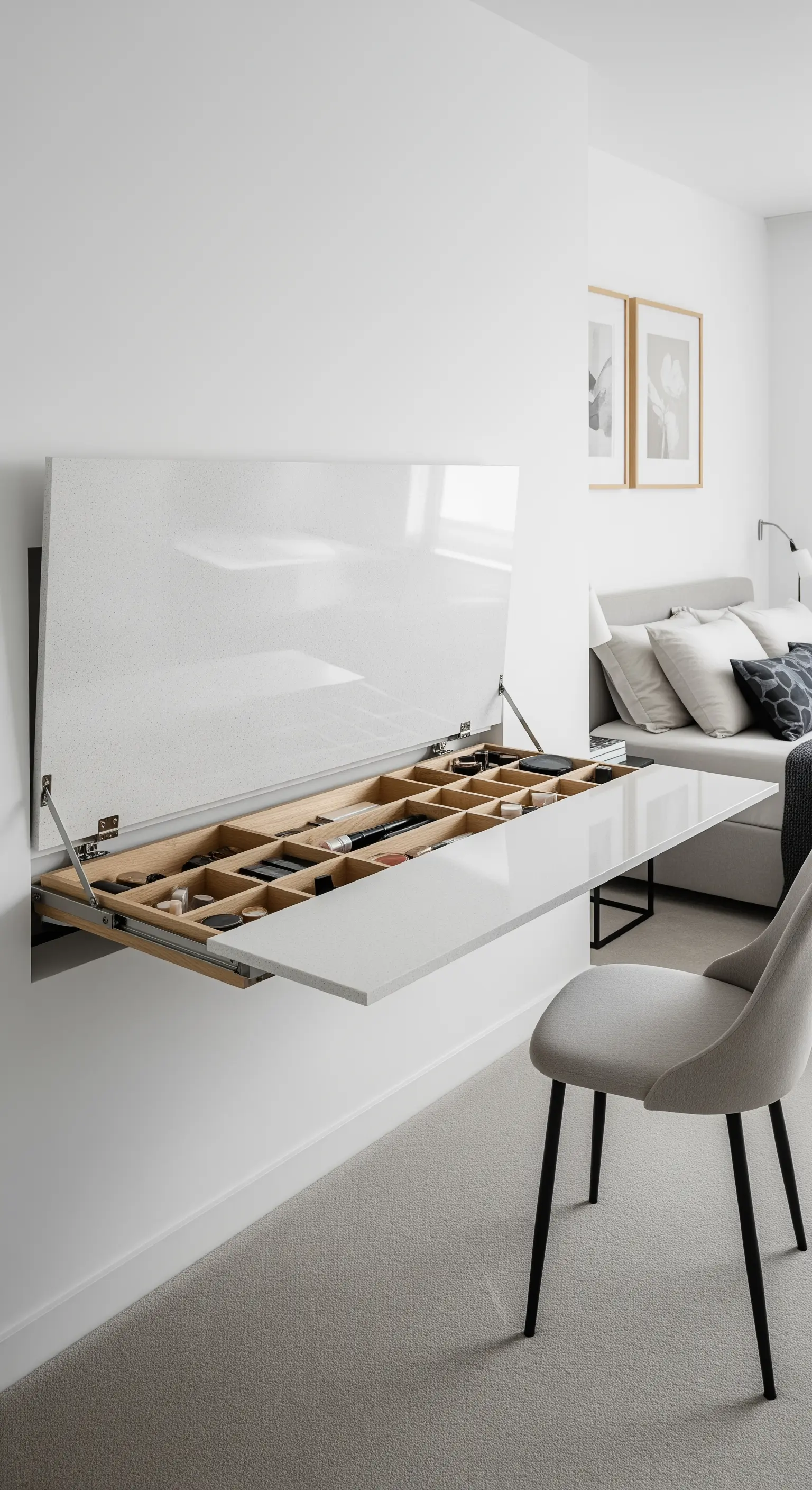 Wandmontierter, herunterklappbarer Schminktisch mit integriertem Organizer in einem minimalistischen Raum.