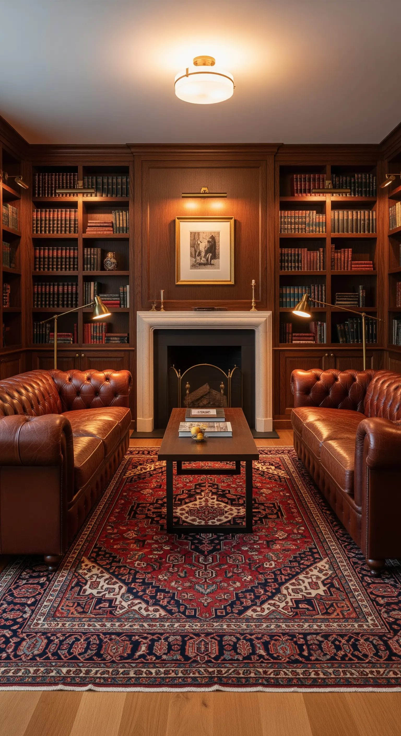 Klassische Bibliothek mit Chesterfield-Ledersofas und einem großen roten Orientteppich.