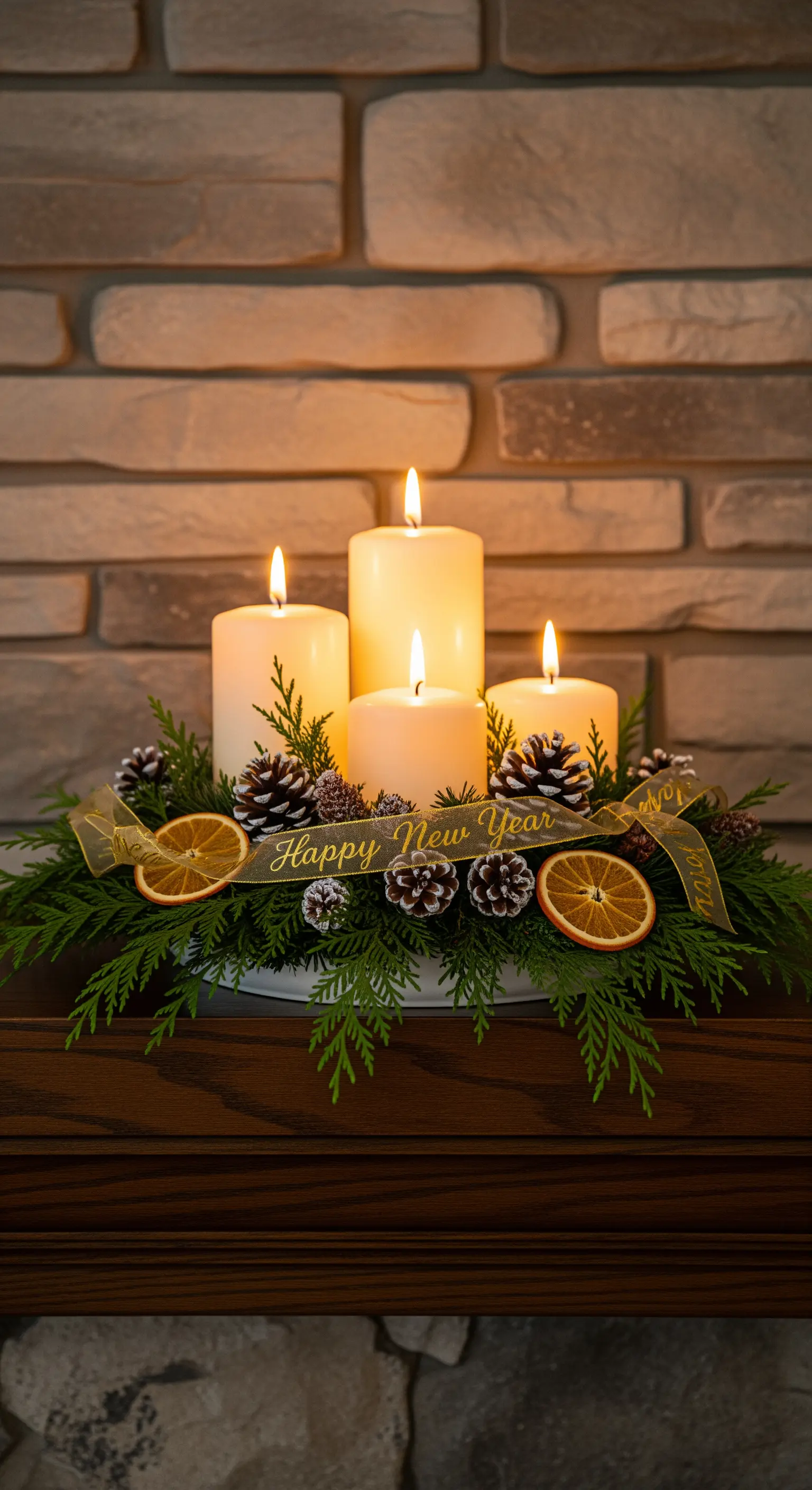 Klassisches Kerzen-Arrangement mit Tannengrün, Zapfen und Orangen auf einem Kaminsims.