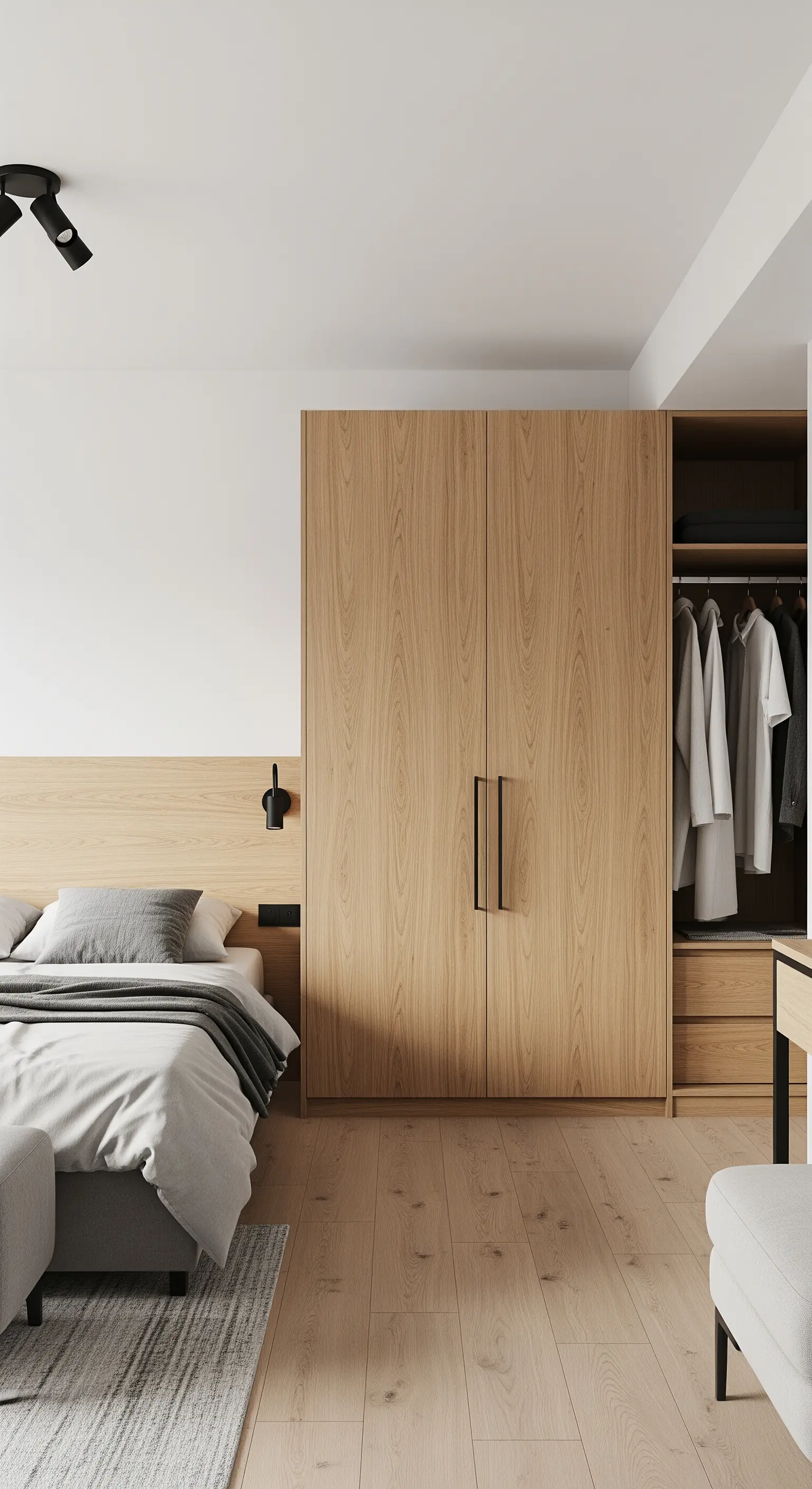 Kleiderschrank aus hellem Holz als Trennwand hinter einem Bett